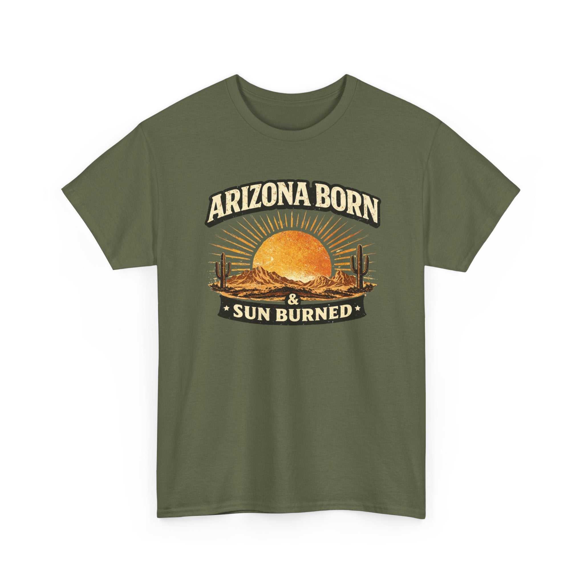 Big Sky Ranch Co. Arizona Born & Sun Burned T-Shirt with desert sunset graphic, showcasing vibrant southwestern design.