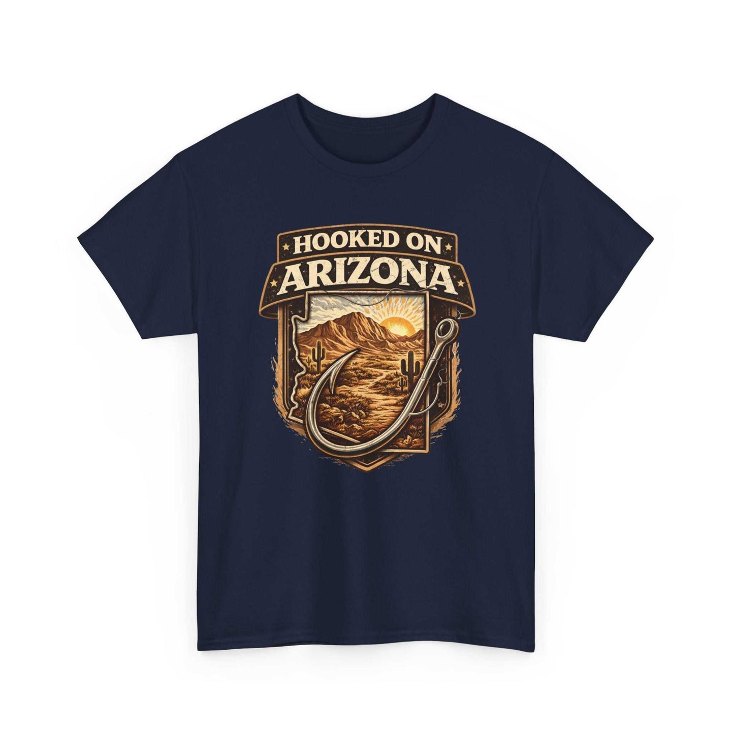 Vintage outdoors angler T-shirt by Big Sky Ranch Co. featuring a hook and Arizona fishing scene on a comfortable cotton tee.