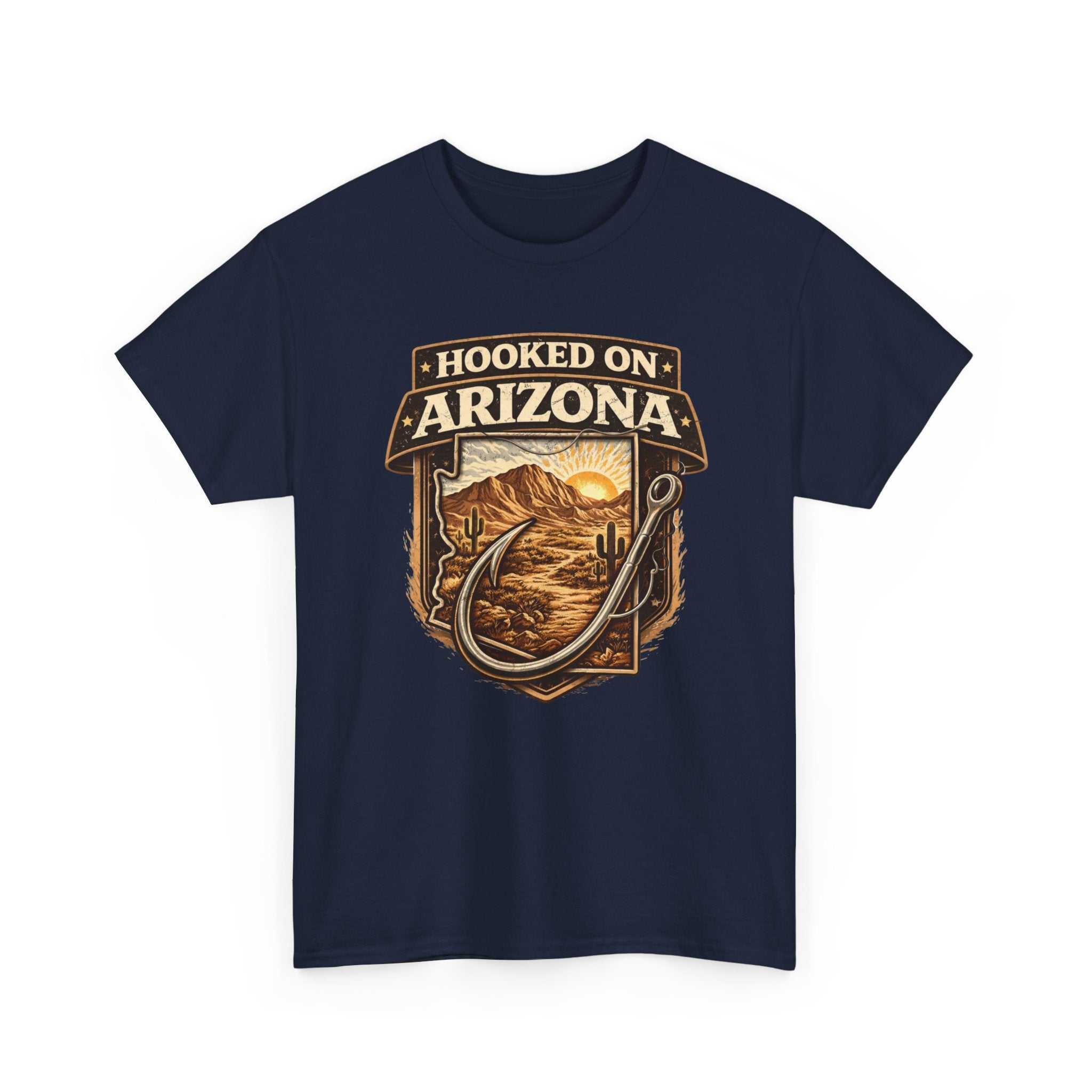 Vintage outdoors angler T-shirt by Big Sky Ranch Co. featuring a hook and Arizona fishing scene on a comfortable cotton tee.