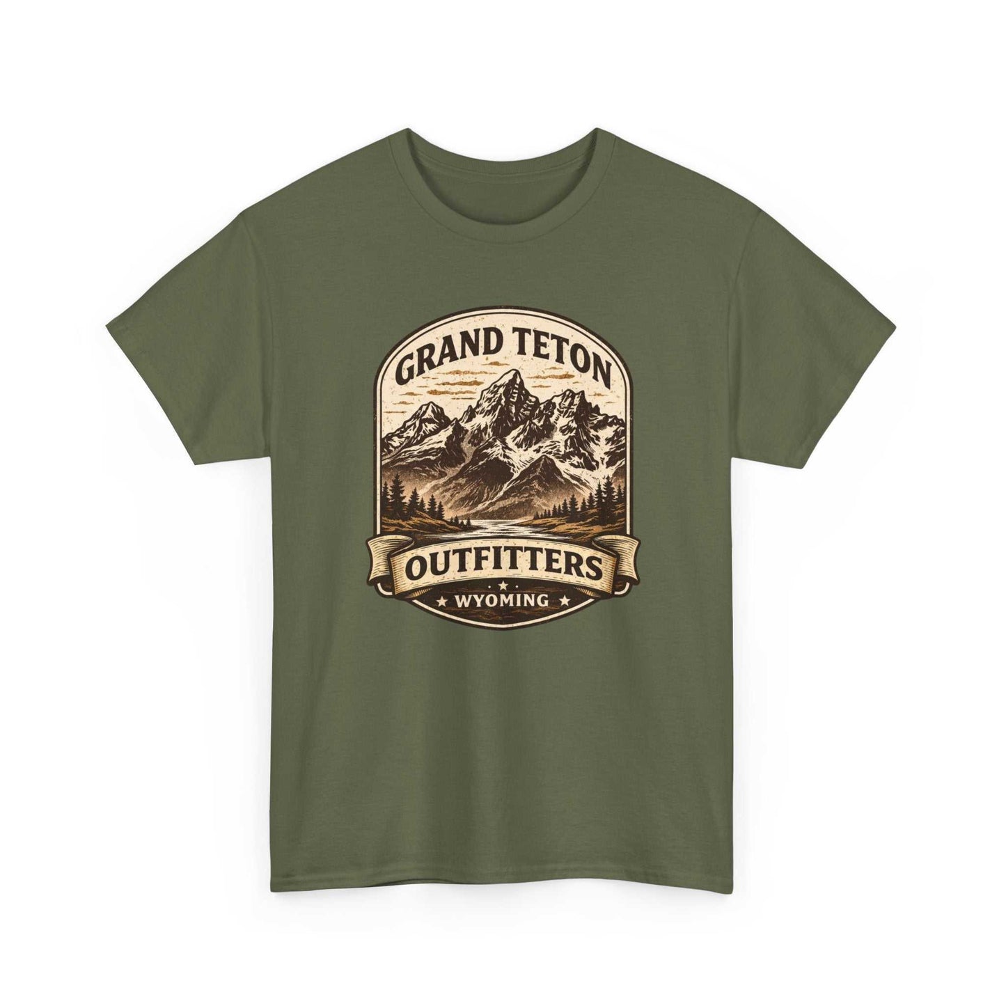 Big Sky Ranch Co. Grand Teton Outfitters Wyoming Mountain Adventure T-shirt featuring mountain landscape and outdoor graphic design.
