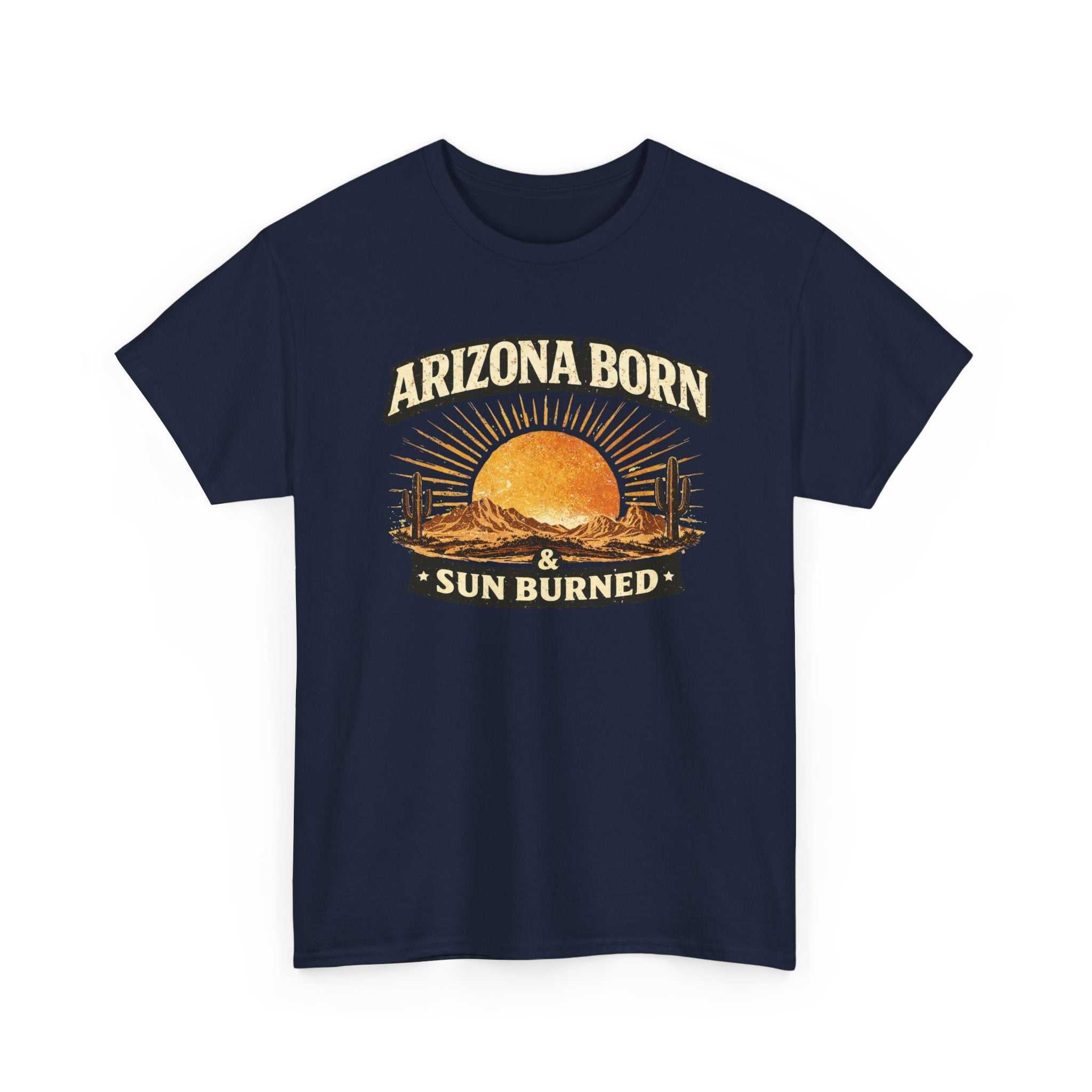 Big Sky Ranch Co. Arizona Born & Sun Burned T-Shirt with desert sunset graphic, casual cotton tee for warm weather.