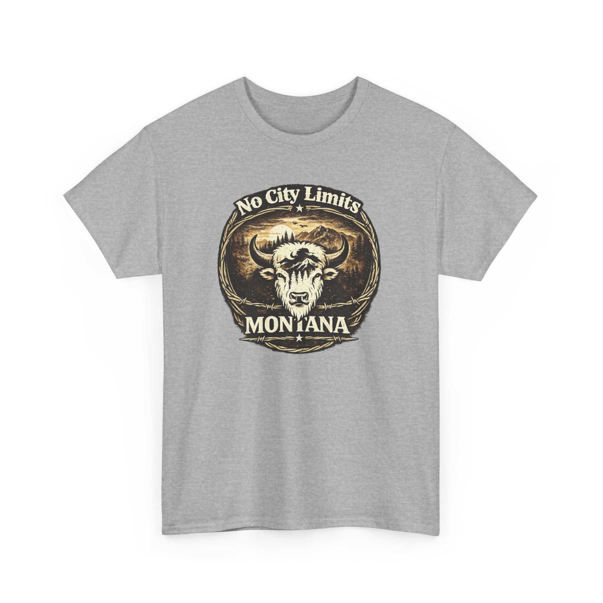 Big Sky Ranch Co. Montana Bison Tee with "No City Limits" vintage Western T-shirt featuring a bison graphic and rustic design.