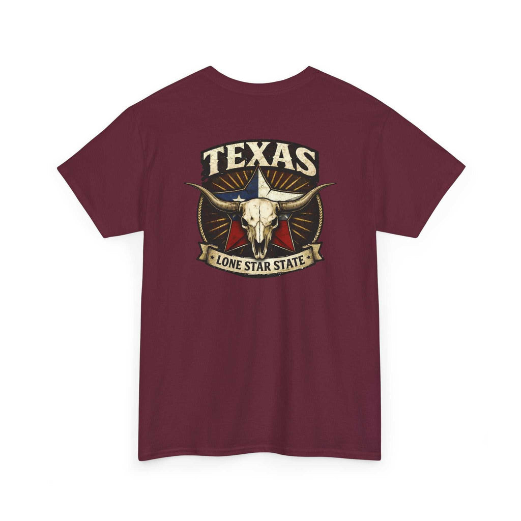 Dark brown T-shirt featuring Texas Longhorn skull and Lone Star State graphic