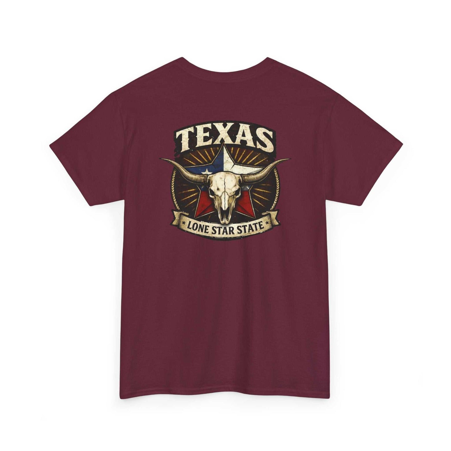 Dark brown T-shirt featuring Texas Longhorn skull and Lone Star State graphic