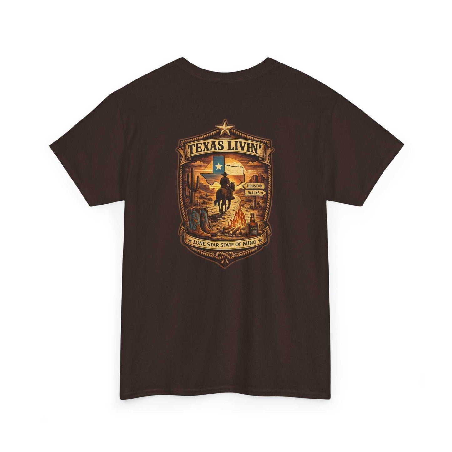Dark gray T-shirt with Texas rodeo crest and cowboy scene