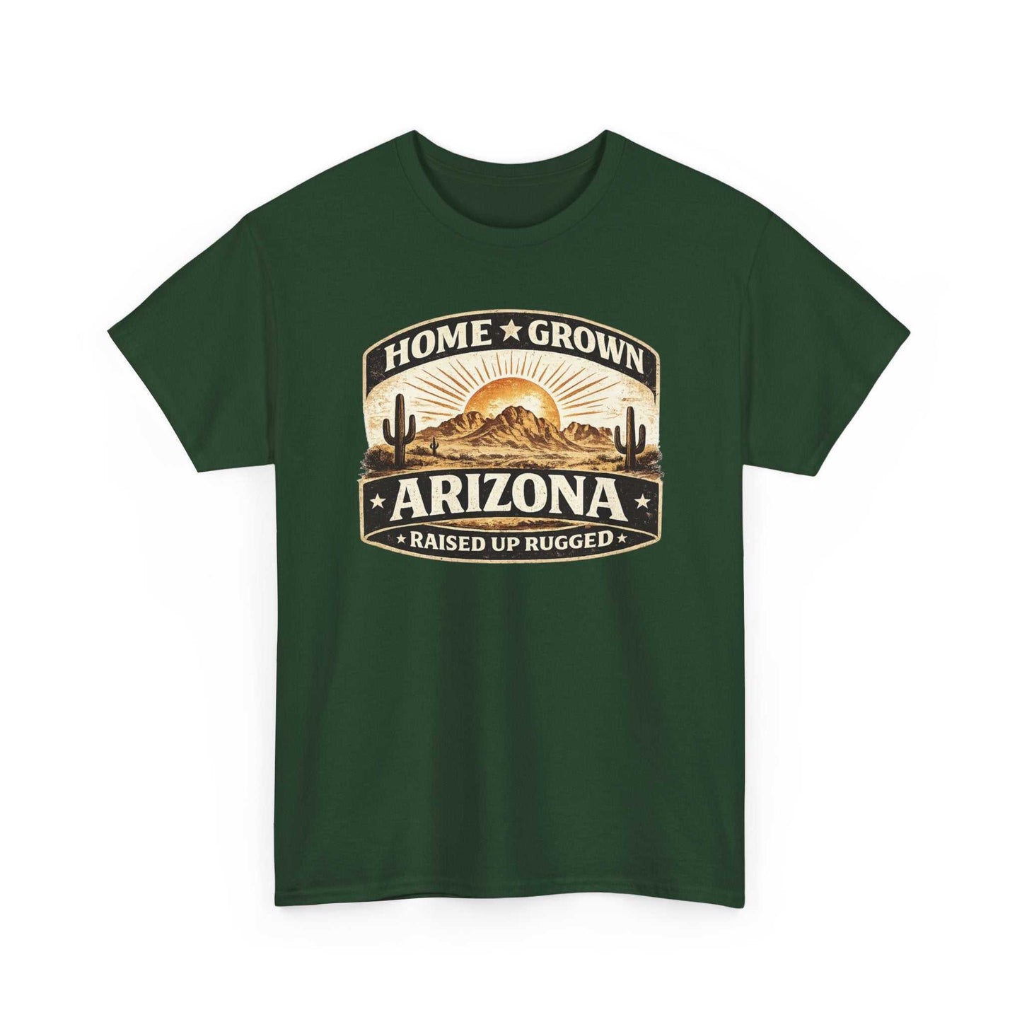 Arizona Home Grown T-Shirt by Big Sky Ranch Co. featuring a desert sunset design and rugged "Home Grown Arizona" text.