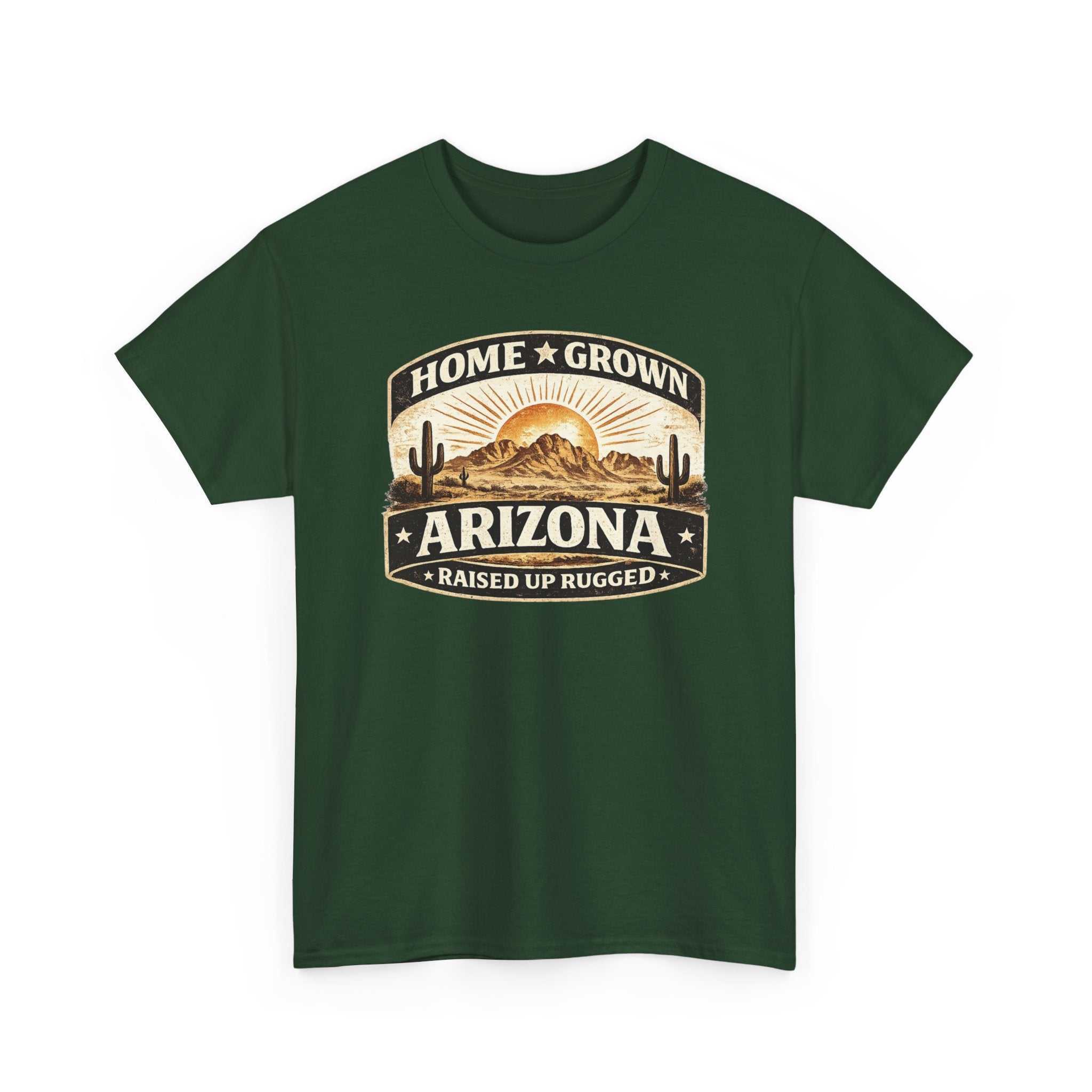 Arizona Home Grown T-Shirt by Big Sky Ranch Co. featuring a desert sunset design and rugged "Home Grown Arizona" text.