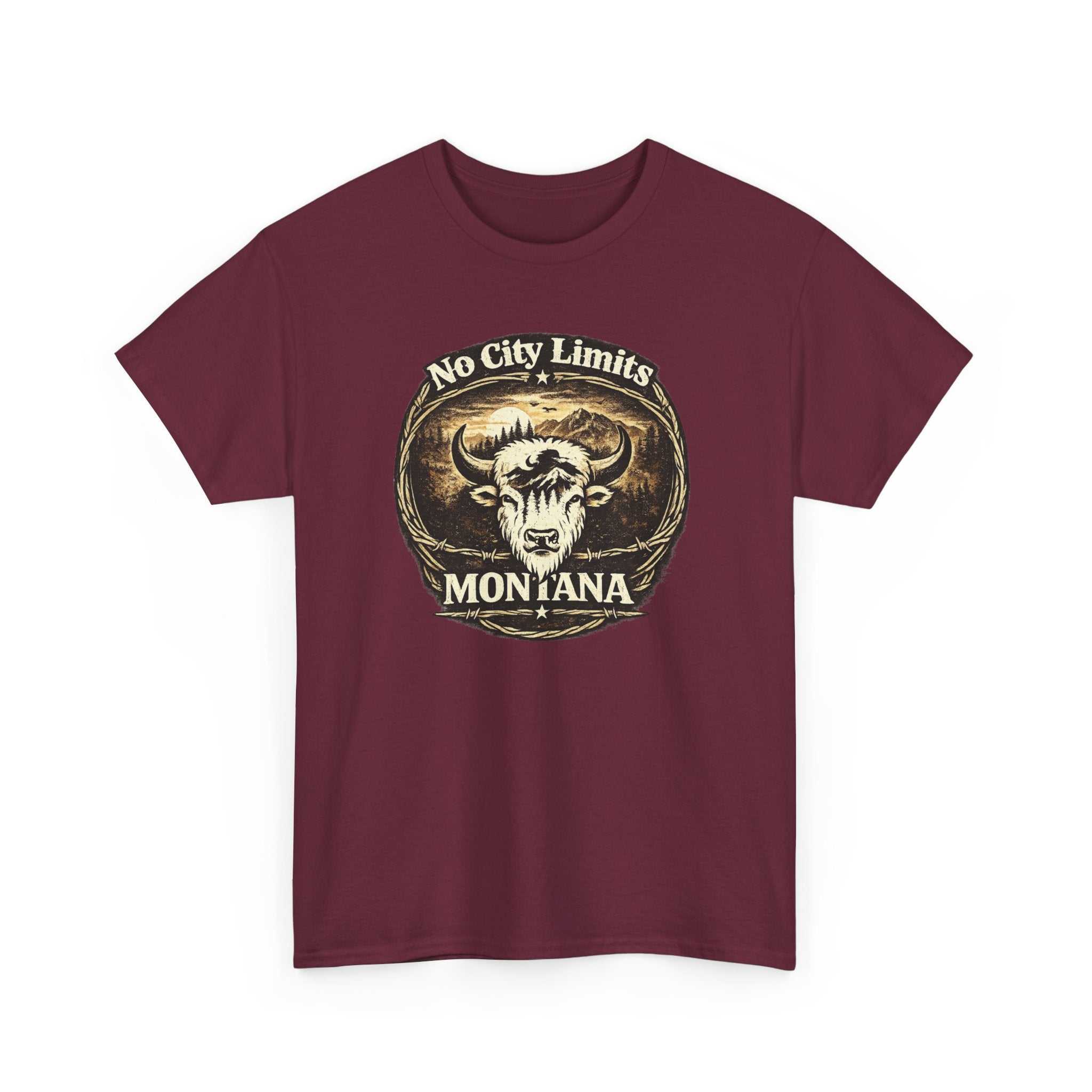 Vintage Montana Bison T-Shirt by Big Sky Ranch Co., featuring a western design with "No City Limits" text and bison graphic.