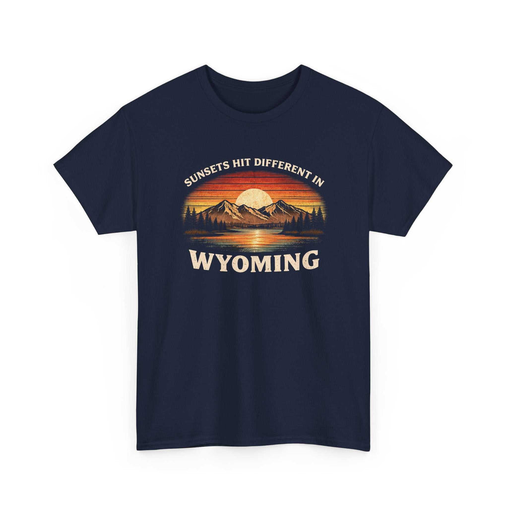 Big Sky Ranch Co. Wyoming Sunset Graphic T-Shirt with mountain and sunset design, featuring the phrase "Sunsets Hit Different in Wyoming."