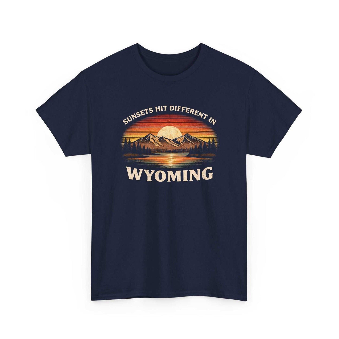 Big Sky Ranch Co. Wyoming Sunset Graphic T-Shirt with mountain and sunset design, featuring the phrase "Sunsets Hit Different in Wyoming."