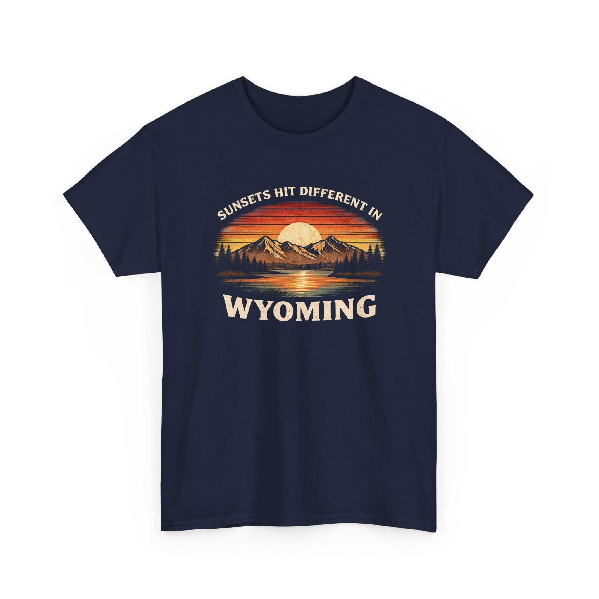 Big Sky Ranch Co. Wyoming Sunset Graphic T-Shirt with mountain and sunset design, featuring the phrase "Sunsets Hit Different in Wyoming."