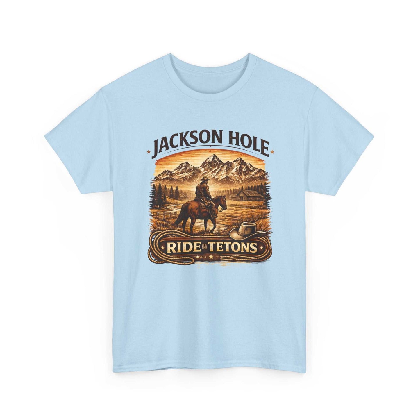 Big Sky Ranch Co. Jackson Hole Ride Tetons T-Shirt showing a mountain landscape and outdoor adventure design on a casual shirt.