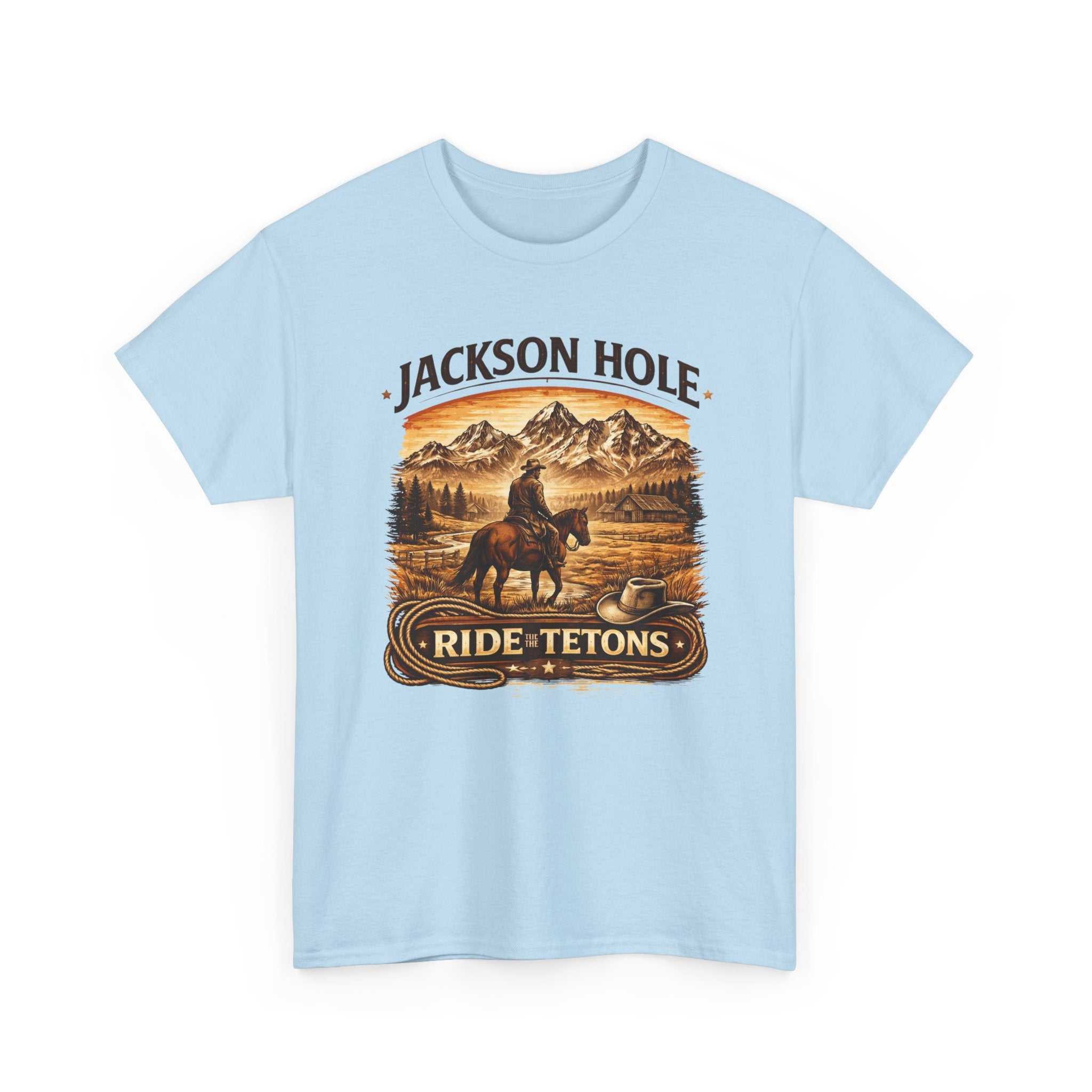 Big Sky Ranch Co. Jackson Hole Ride Tetons T-Shirt showing a mountain landscape and outdoor adventure design on a casual shirt.