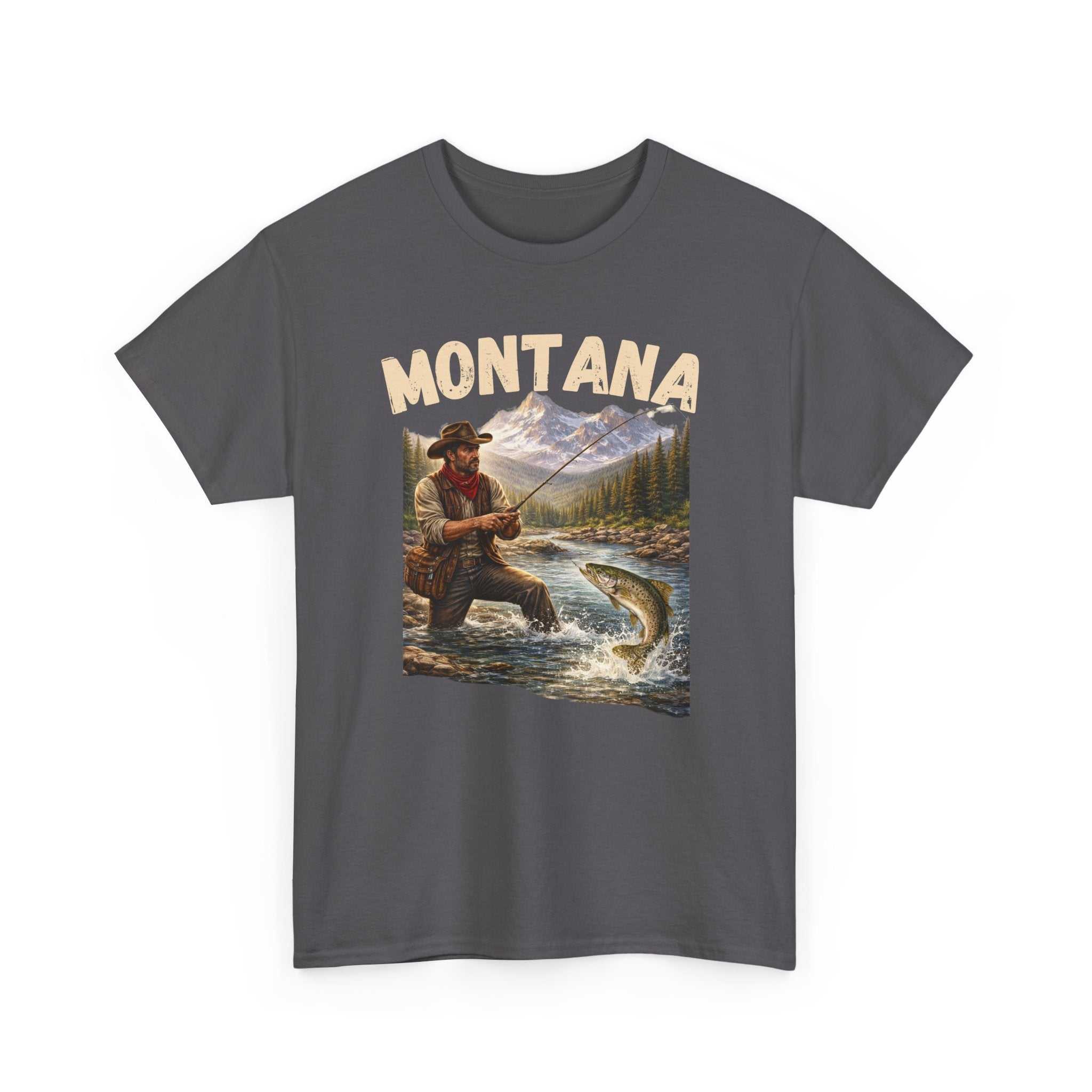 Big Sky Ranch Co. Montana Trout Fishing T-Shirt with vintage outdoors angler design, featuring a trout and fishing scene.