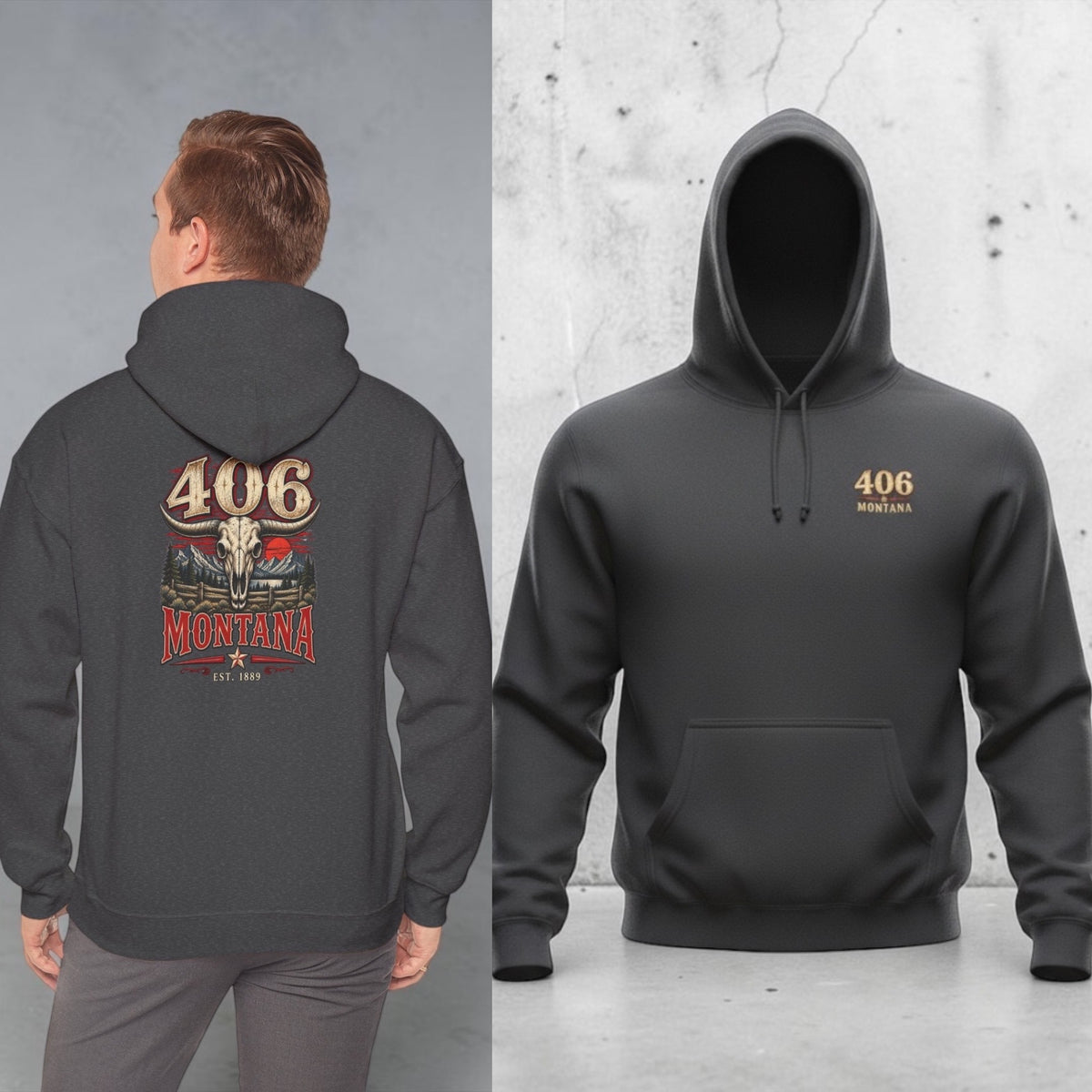 Montana 406 Hoodie – Rustic Skull & Mountain Graphic Hooded Sweatshirt