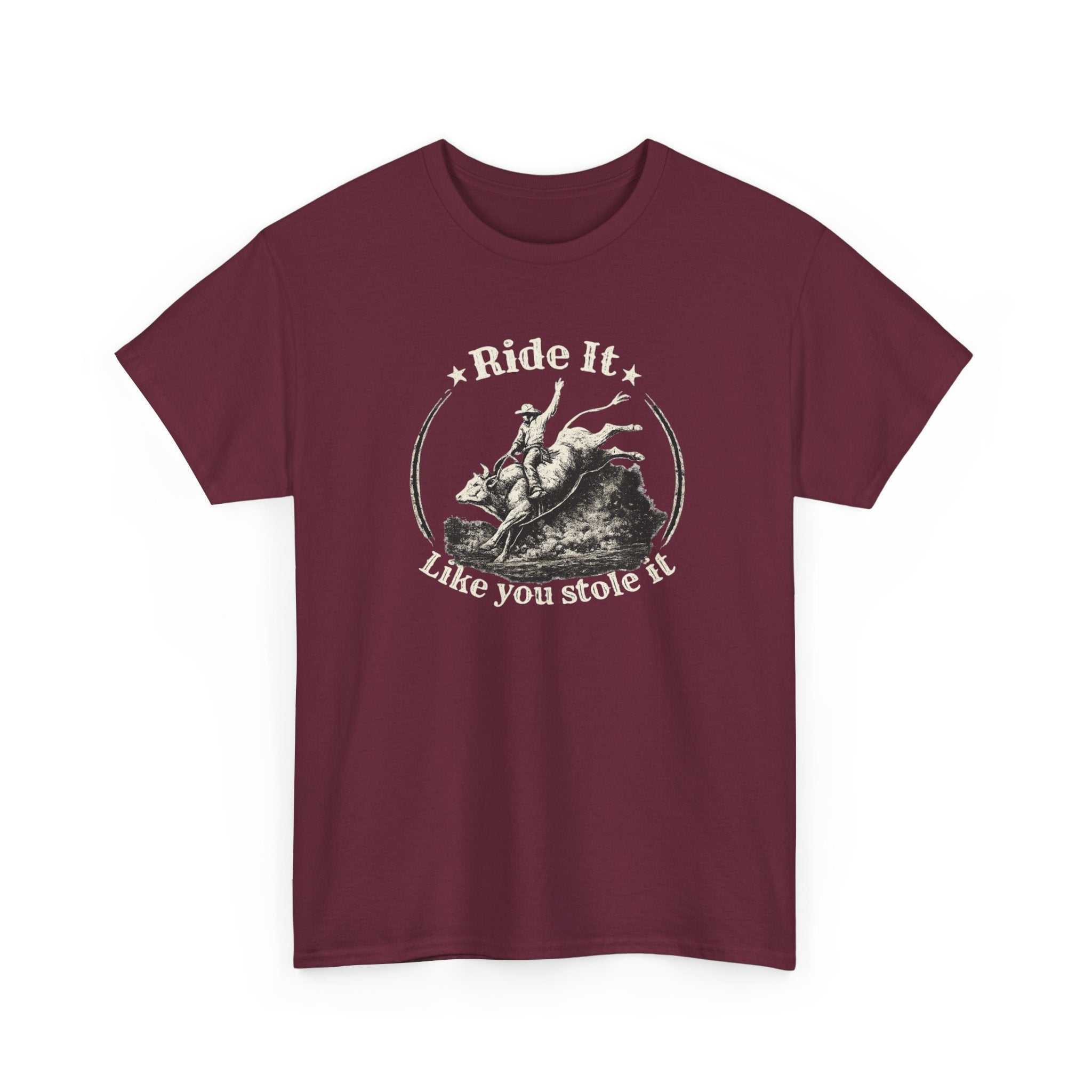 Vintage rodeo graphic t-shirt by Big Sky Ranch Co. featuring a bold "Ride It Like You Stole It" design on a casual cotton tee.