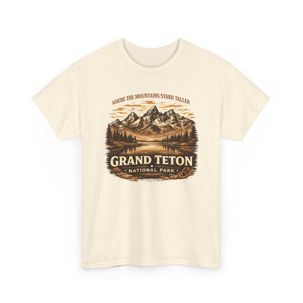 Vintage Grand Teton National Park T-shirt by Big Sky Ranch Co. featuring mountain camping scene in soft cotton fabric.