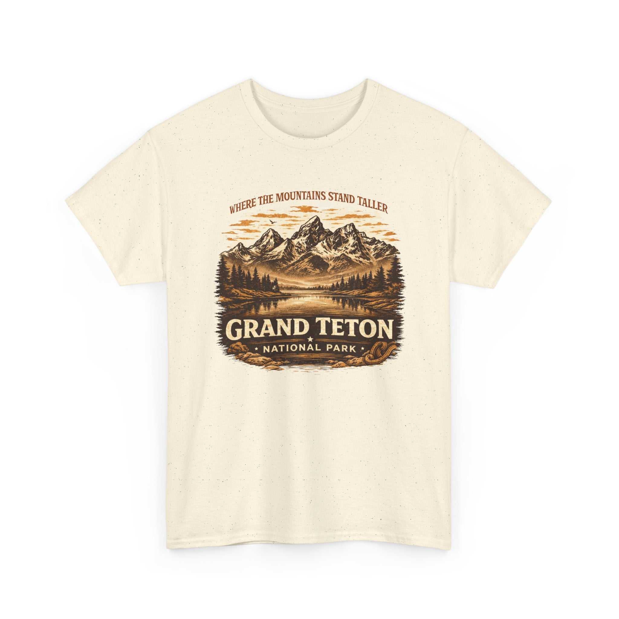 Vintage Grand Teton National Park T-shirt by Big Sky Ranch Co. featuring mountain camping scene in soft cotton fabric.