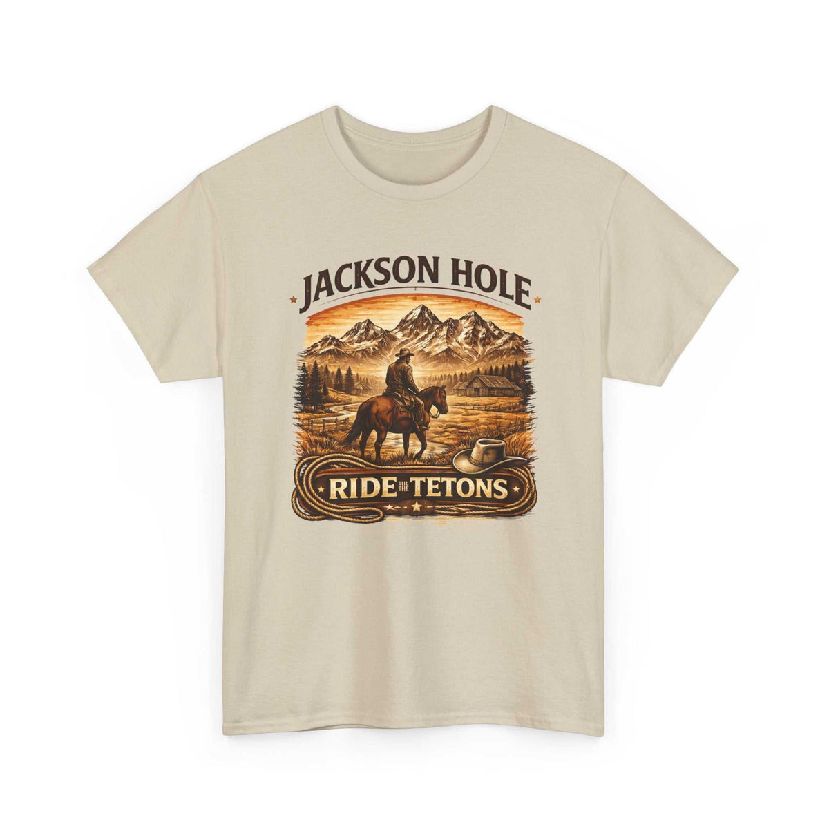 Big Sky Ranch Co. Jackson Hole Ride Tetons T-Shirt featuring mountain and rodeo-themed design on a casual cotton tee.