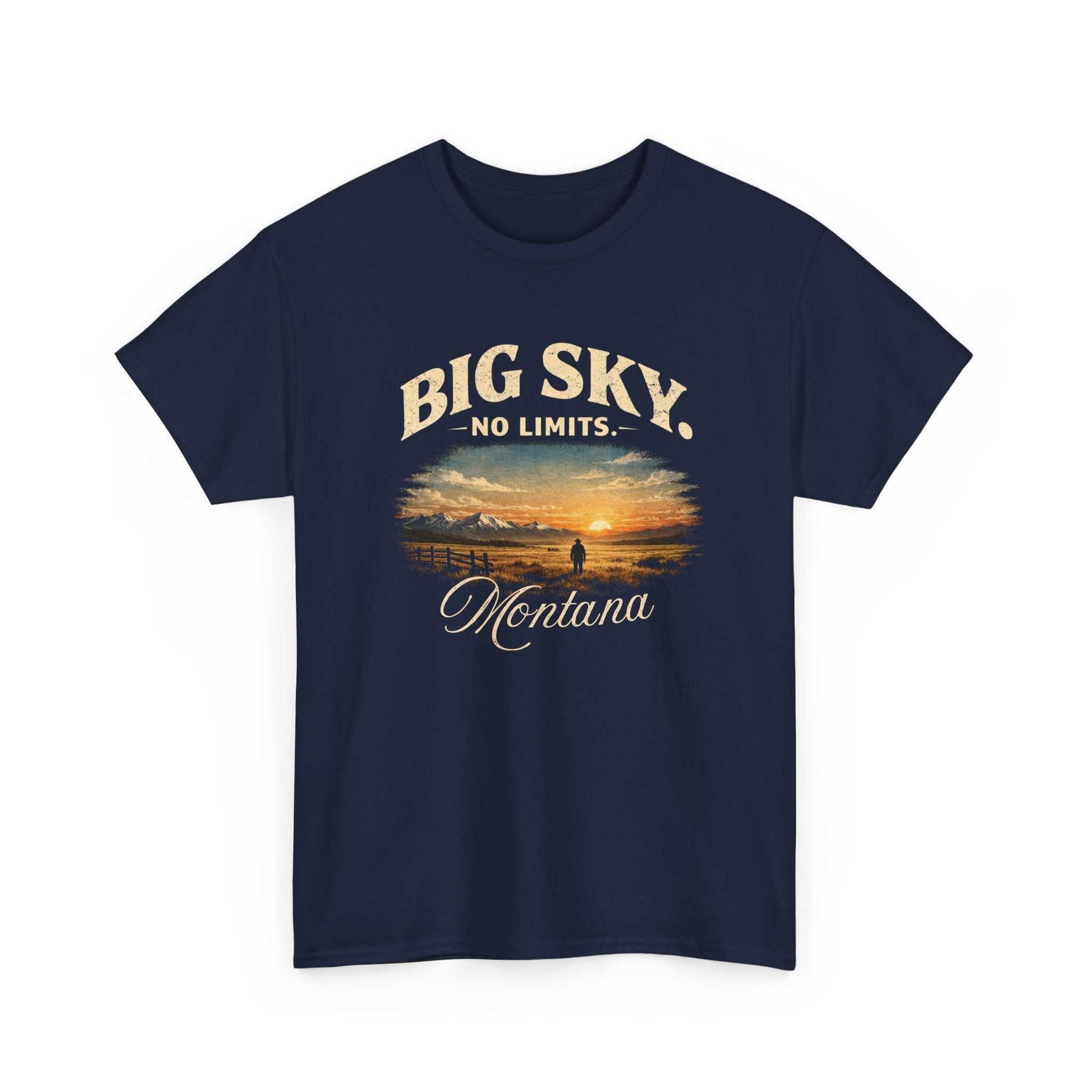 Big Sky Montana T-shirt by Big Sky Ranch Co. featuring a vintage sunset landscape graphic on soft cotton fabric.