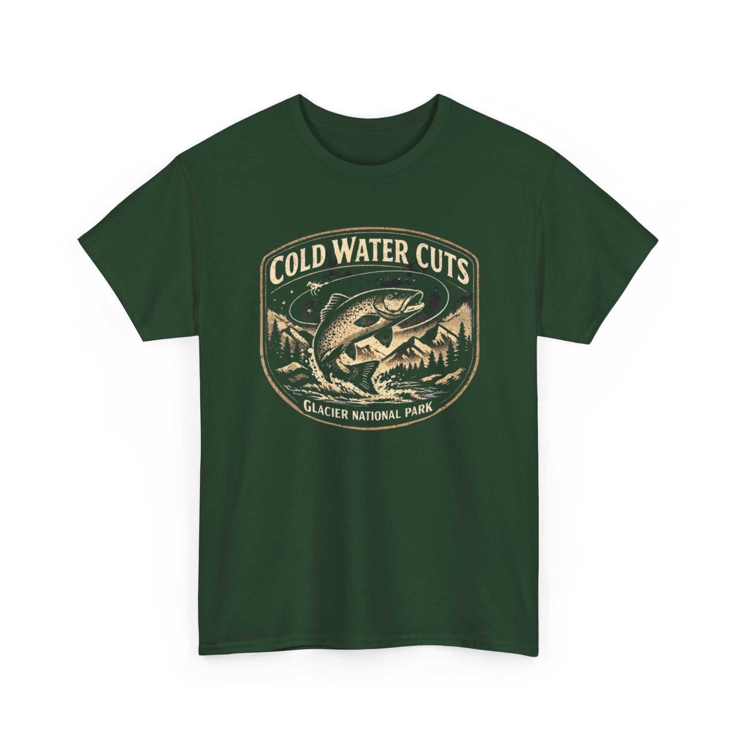 Fishing T-shirt with Glacier National Park fish graphic, "Cold Water Cuts" design by Big Sky Ranch Co.
