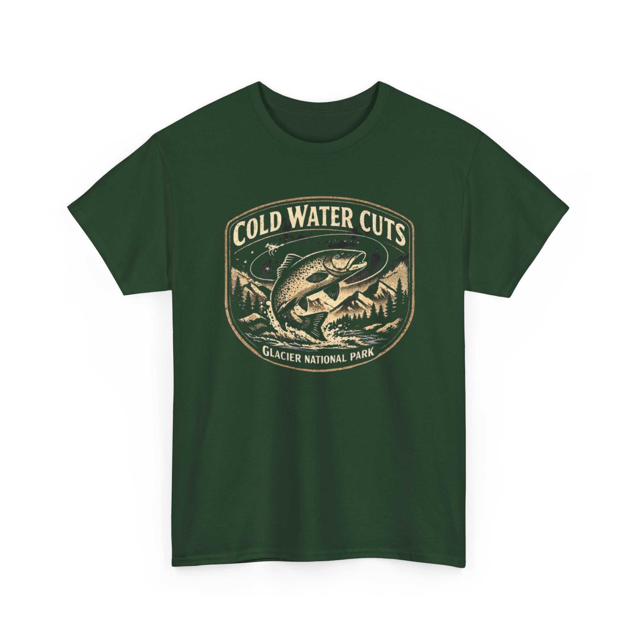Fishing T-shirt with Glacier National Park fish graphic, "Cold Water Cuts" design by Big Sky Ranch Co.