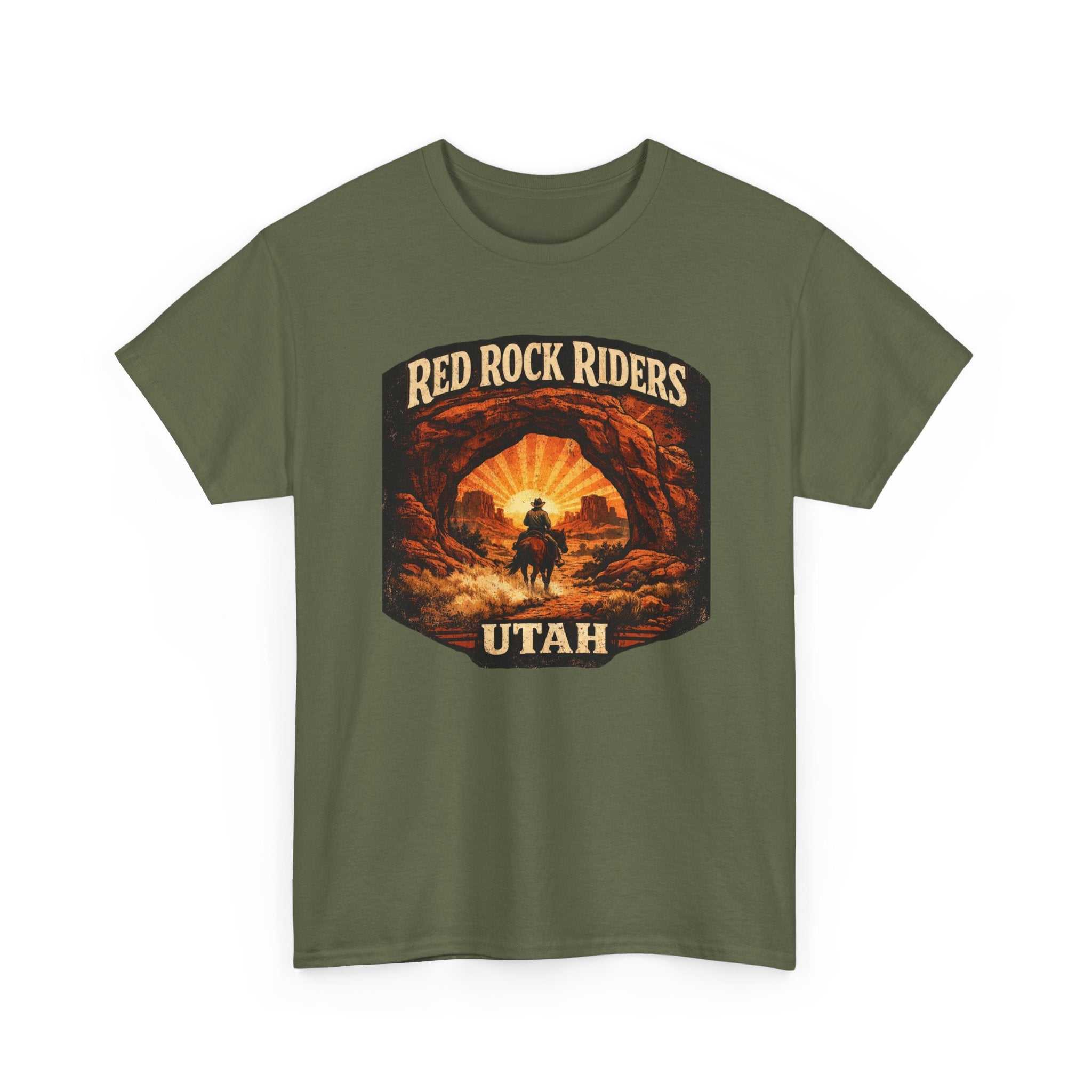 Red Rock Riders Utah vintage motorcycle sunset graphic T-shirt by Big Sky Ranch Co. featuring desert landscape and motorcycle design.