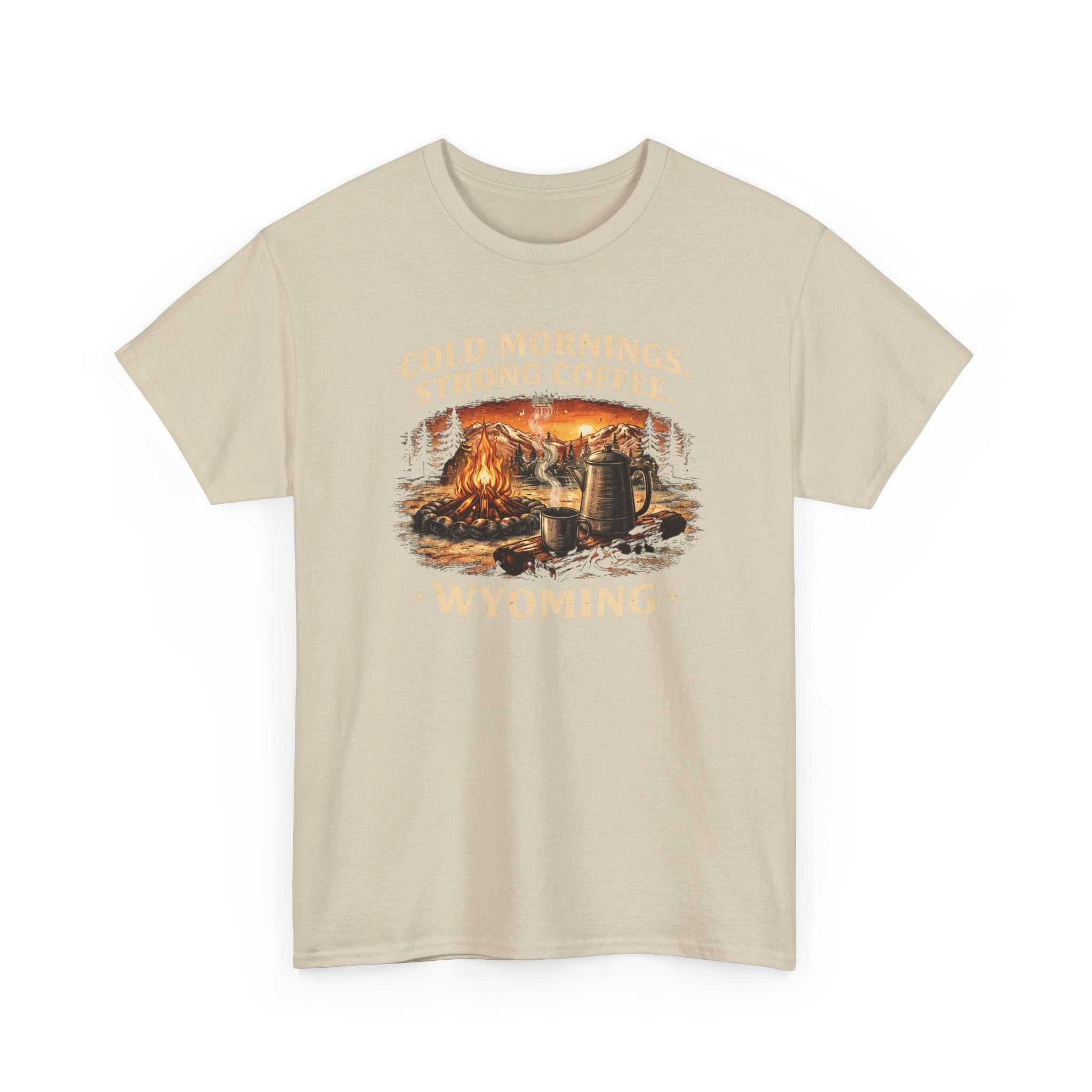 Big Sky Ranch Co. Wyoming Campfire T-Shirt with outdoor graphic and "Cold Mornings, Strong Coffee" text on soft cotton tee