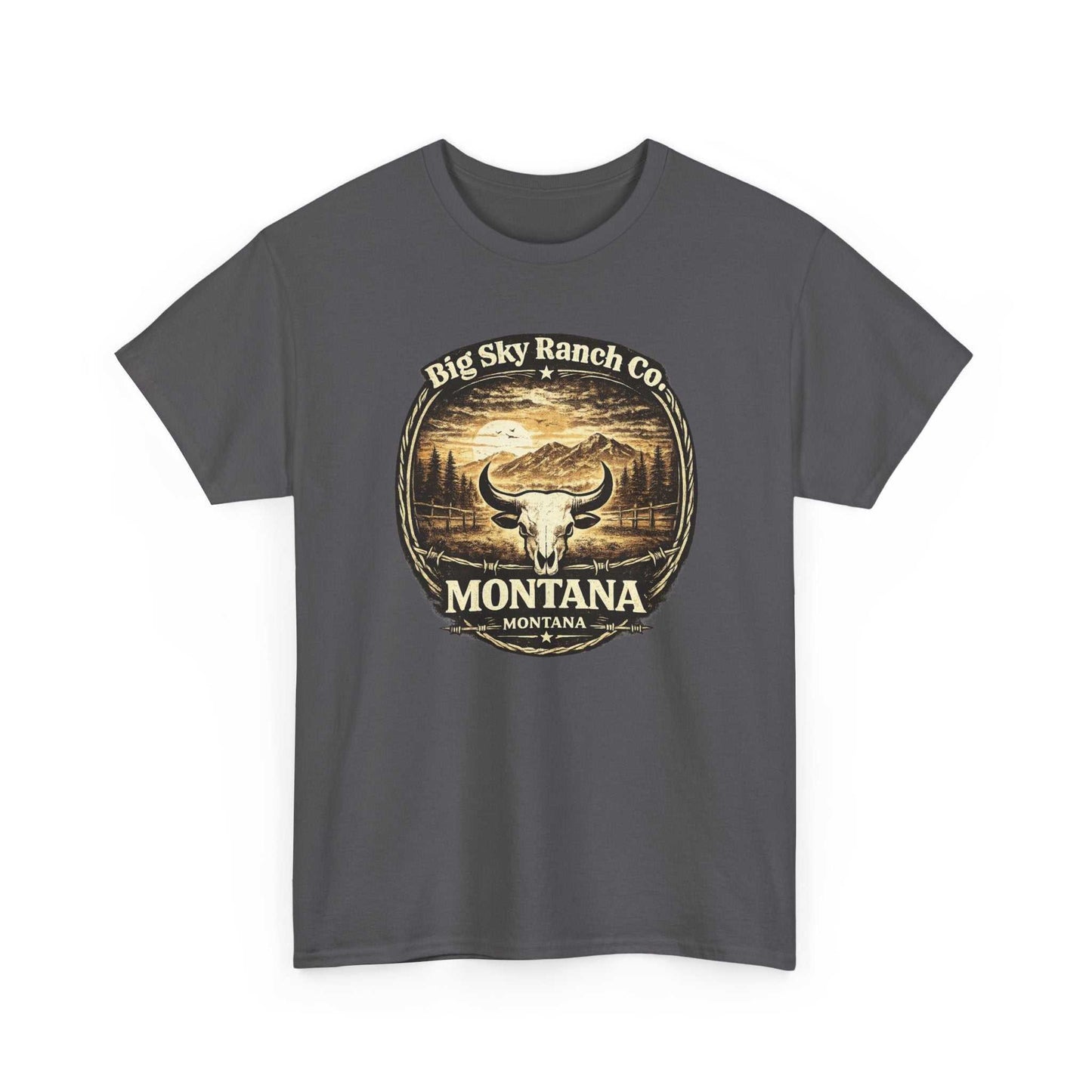 Big Sky Ranch Bull Skull Graphic T-Shirt by Montana Ranch Co. featuring a bold ranch bull skull design on the front.