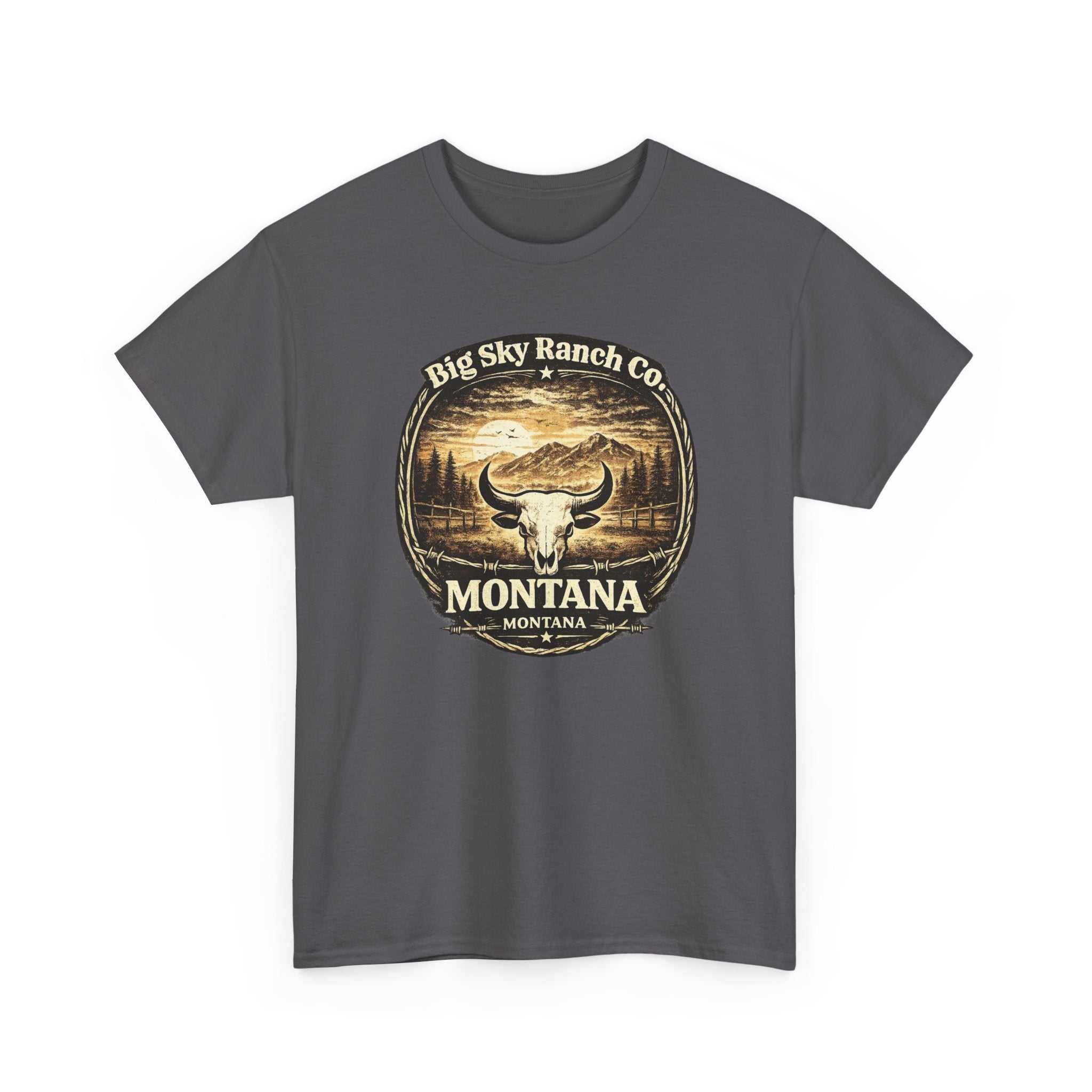 Big Sky Ranch Bull Skull Graphic T-Shirt by Montana Ranch Co. featuring a bold ranch bull skull design on the front.