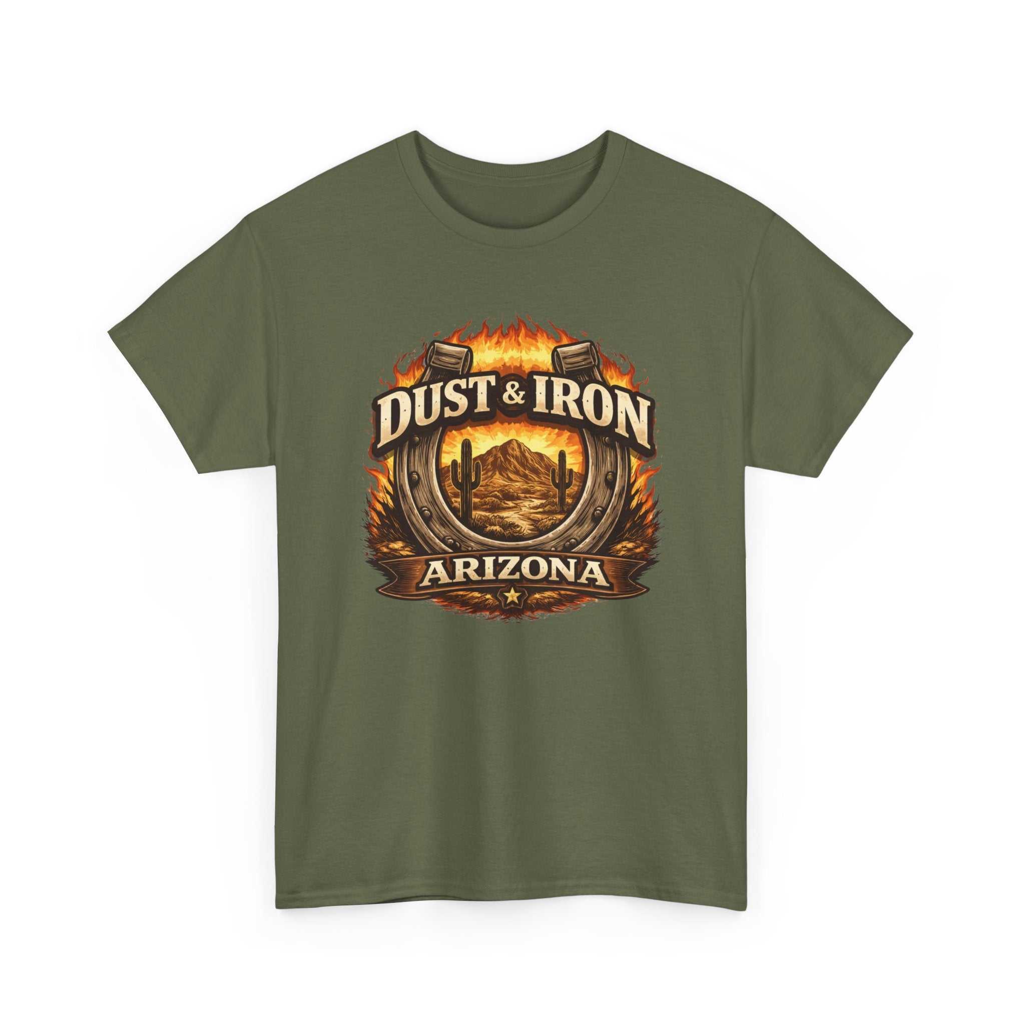 Arizona Dust & Iron T-Shirt by Big Sky Ranch Co. featuring vintage desert motorcycle emblem on soft cotton tee.