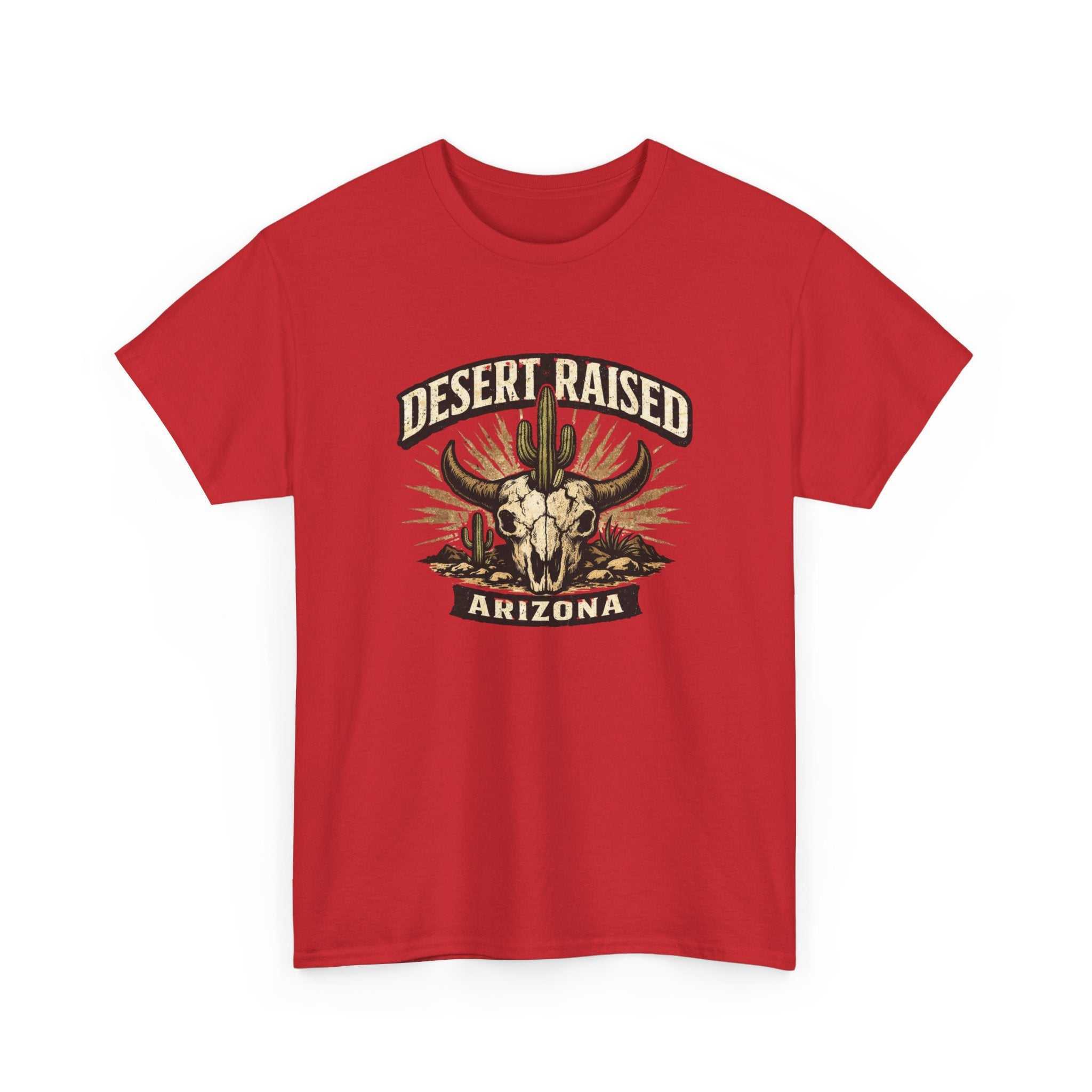 Desert Raised Arizona T-Shirt by Big Sky Ranch Co. featuring a southwestern skull and cactus graphic on a casual cotton tee.