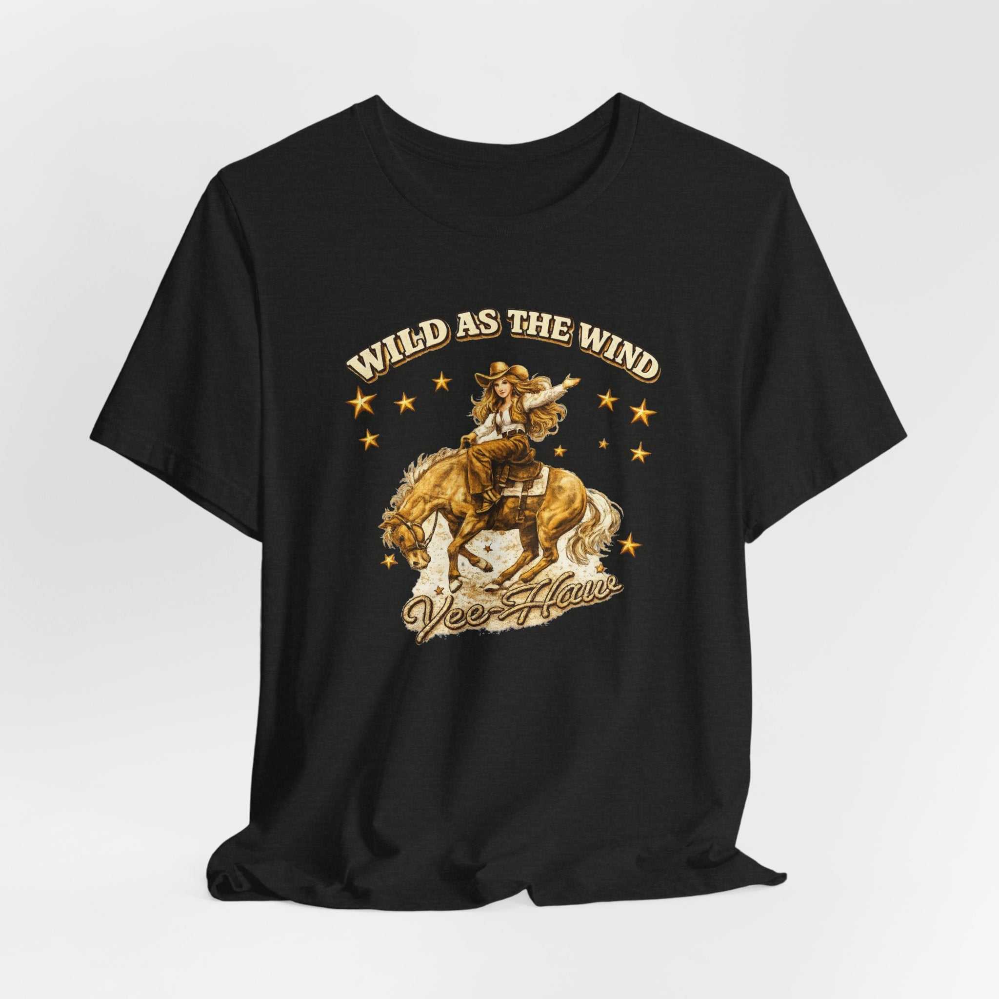 Wild as the Wind Cowgirl Tee by Big Sky Ranch Co., vintage Western rodeo graphic T-shirt featuring cowgirl artwork.