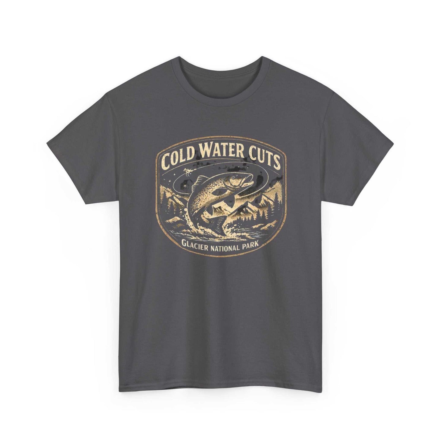 Fishing T-shirt with "Cold Water Cuts" Glacier National Park fish graphic by Big Sky Ranch Co. on a casual t-shirt.