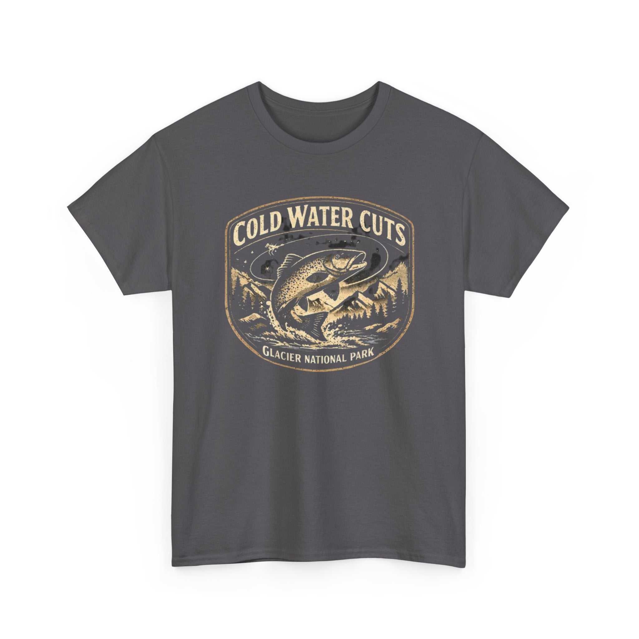 Fishing T-shirt with "Cold Water Cuts" Glacier National Park fish graphic by Big Sky Ranch Co. on a casual t-shirt.