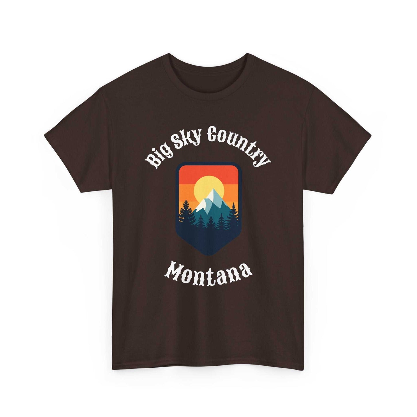 Montana Big Sky Ranch Co. retro mountain sunset graphic T-shirt, featuring a vibrant mountain scene on a casual tee.