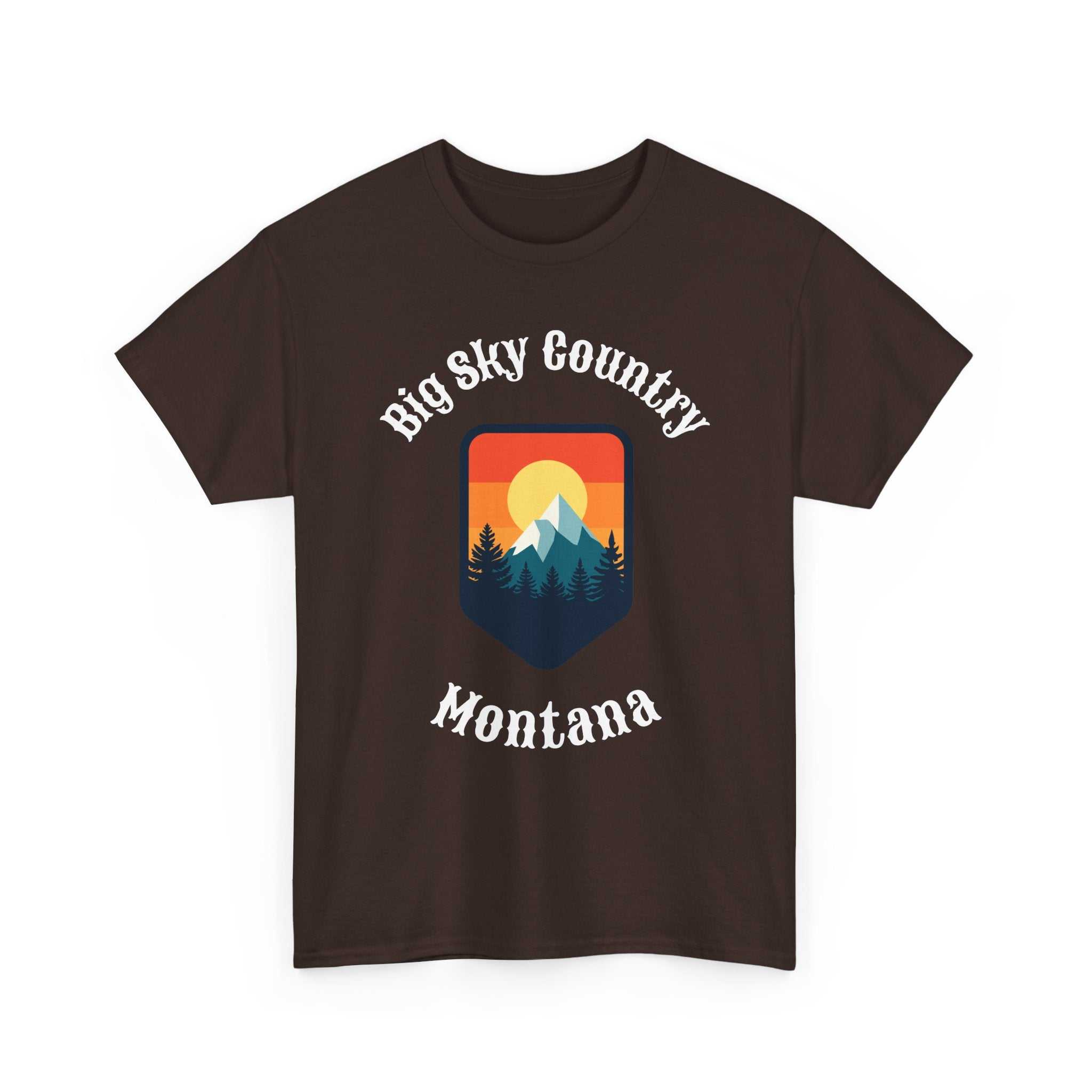 Montana Big Sky Ranch Co. retro mountain sunset graphic T-shirt, featuring a vibrant mountain scene on a casual tee.