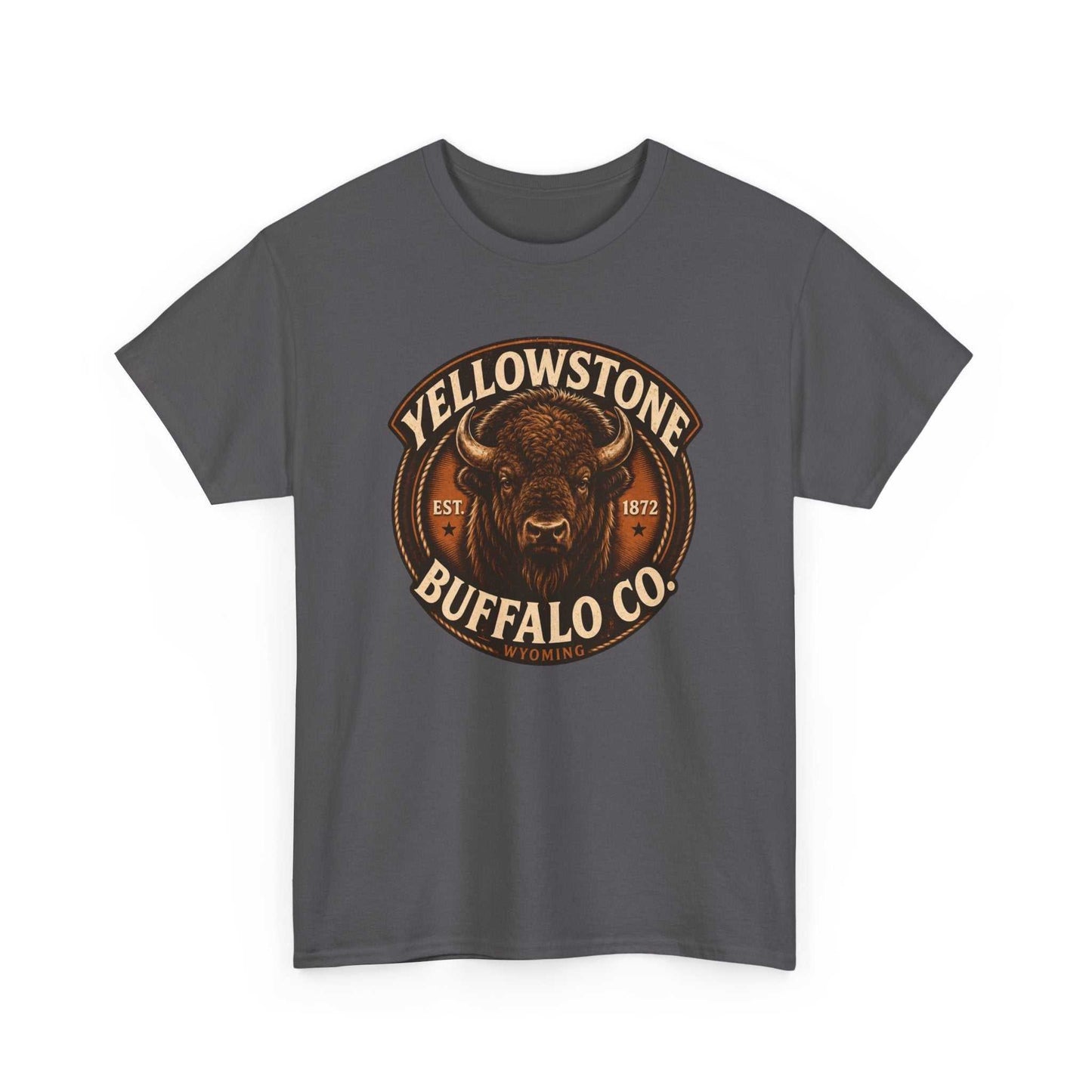 Big Sky Ranch Co. Yellowstone Buffalo Co. vintage rustic T-shirt featuring a buffalo graphic on soft fabric.