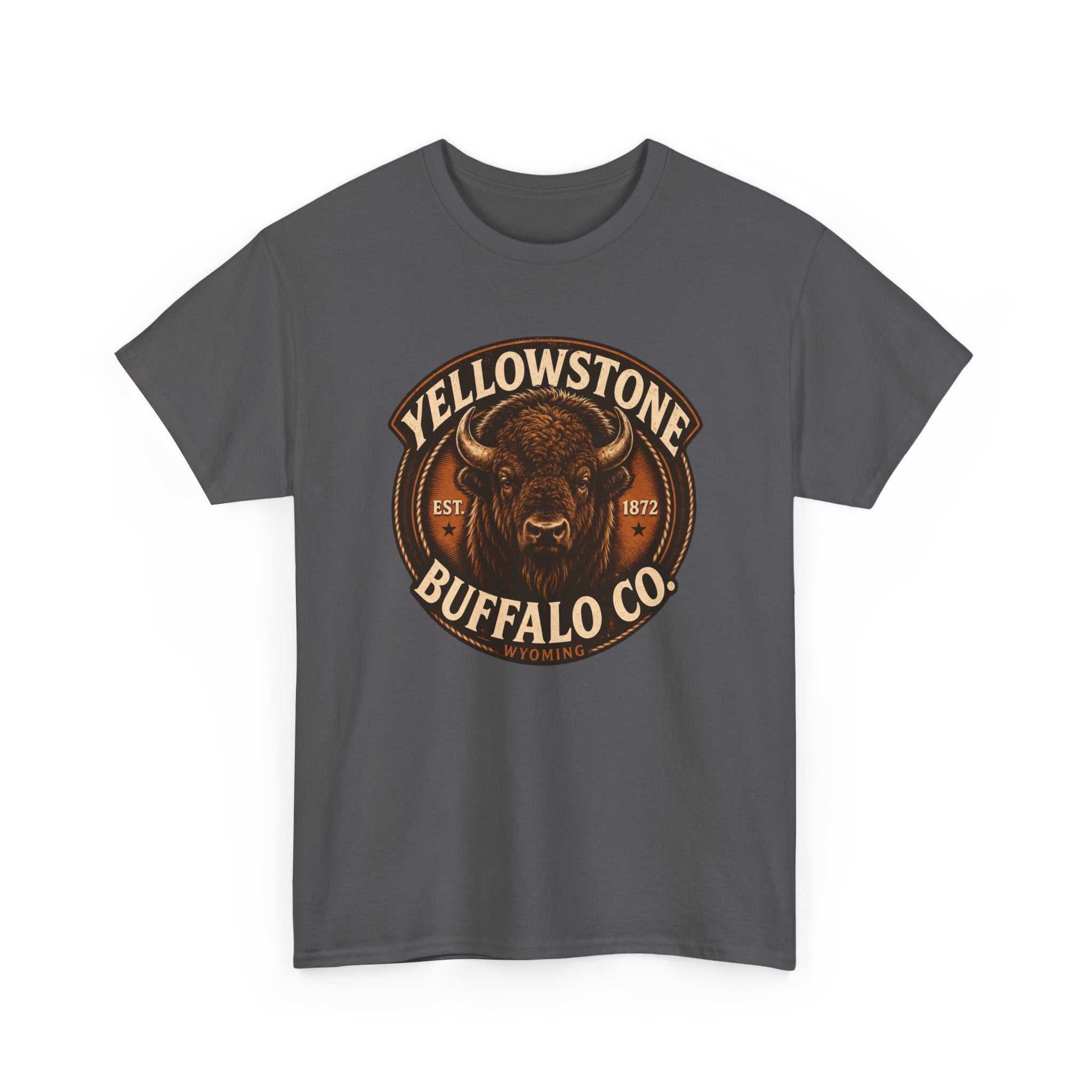 Big Sky Ranch Co. Yellowstone Buffalo Co. vintage rustic T-shirt featuring a buffalo graphic on soft fabric.