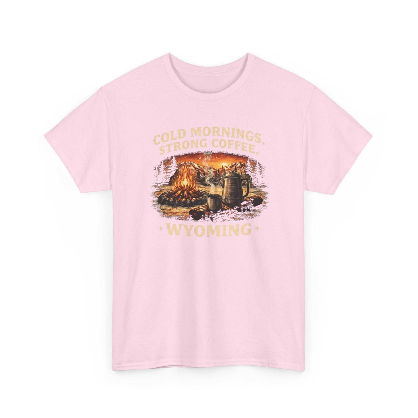 Big Sky Ranch Co. Wyoming Campfire T-Shirt with outdoor graphic and the phrase "Cold Mornings, Strong Coffee" on a casual tee