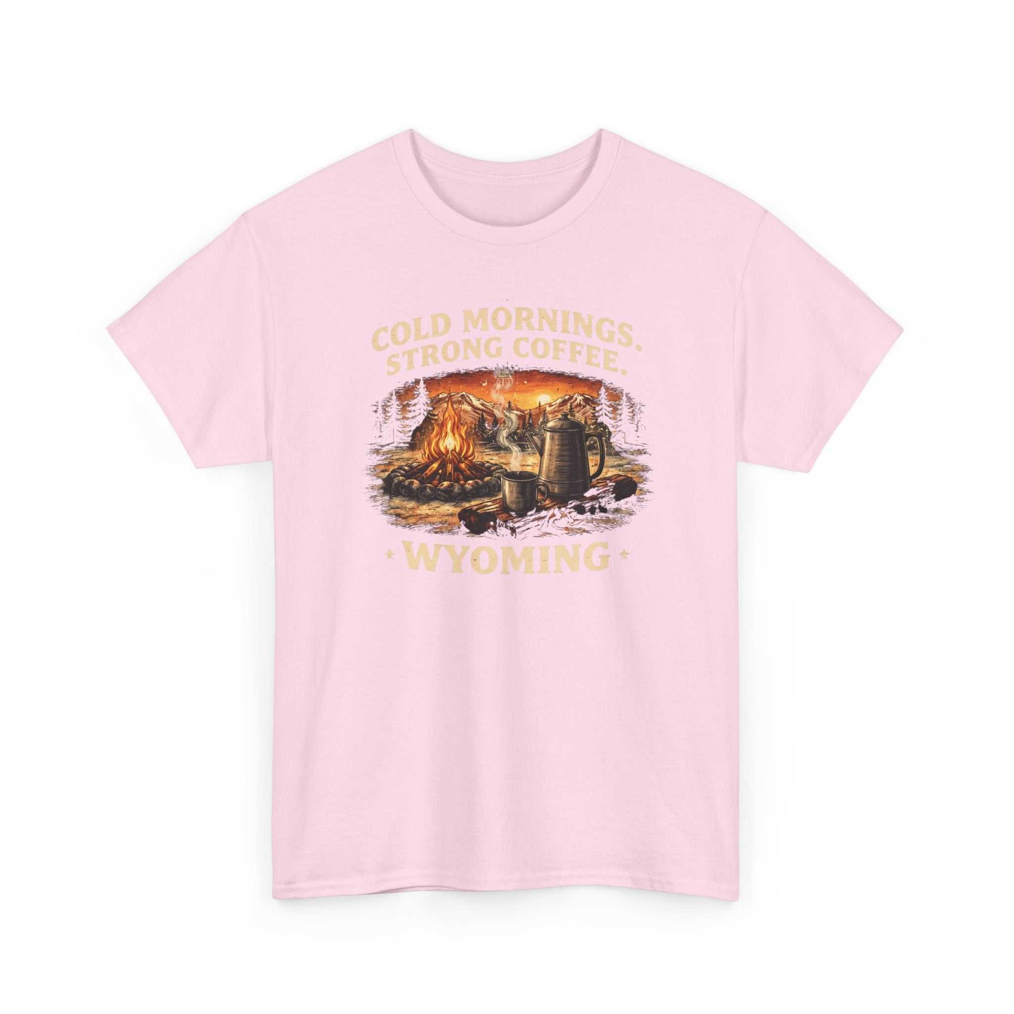 Big Sky Ranch Co. Wyoming Campfire T-Shirt with outdoor graphic and the phrase "Cold Mornings, Strong Coffee" on a casual tee