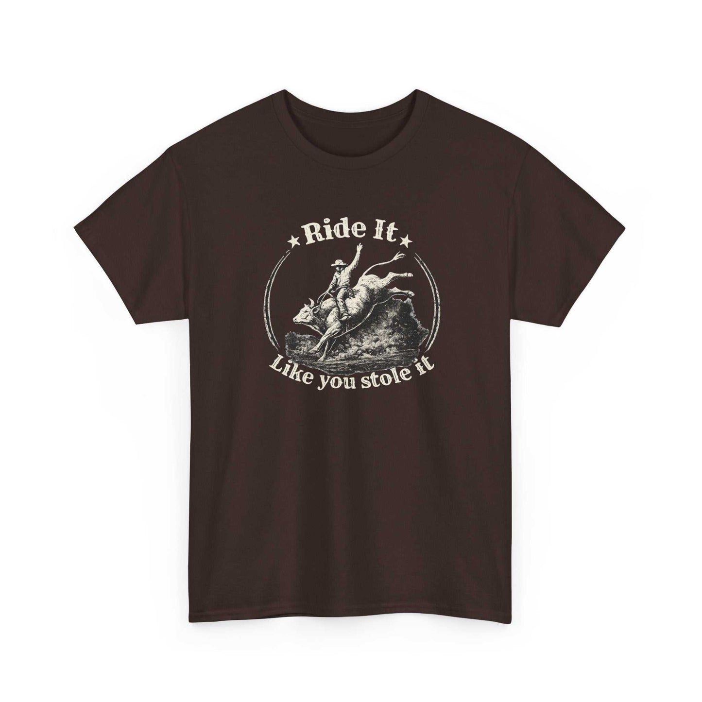 Vintage rodeo graphic T-shirt by Big Sky Ranch Co., featuring bold "Ride It Like You Stole It" design on a casual cotton tee.
