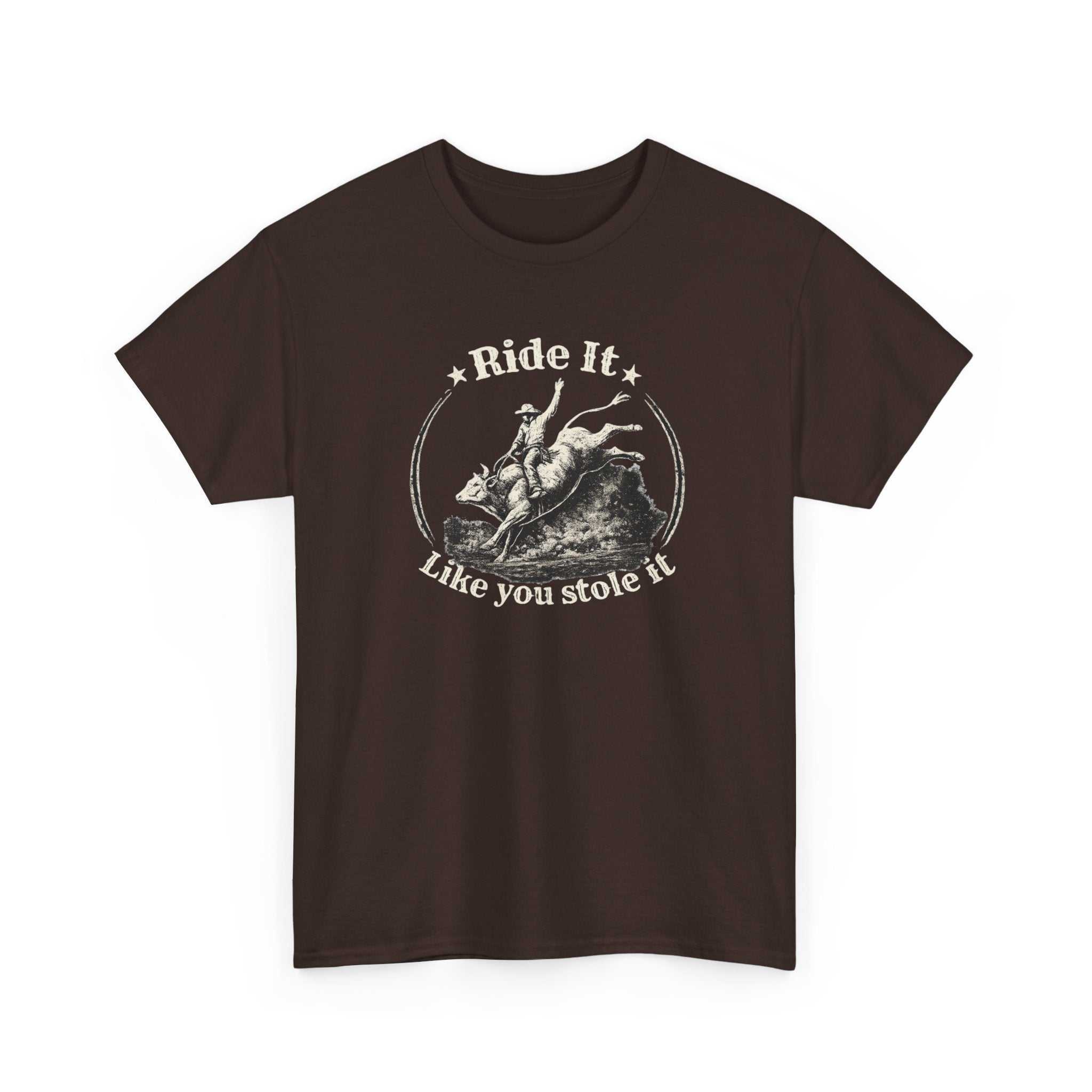 Vintage rodeo graphic T-shirt by Big Sky Ranch Co., featuring bold "Ride It Like You Stole It" design on a casual cotton tee.