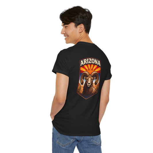 Arizona Desert Bighorn Ram T-Shirt by Big Sky Ranch Co. featuring a retro-style ram and state badge graphic on a casual tee.