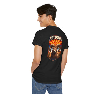 Arizona Desert Bighorn Ram T-shirt featuring a bold ram graphic with retro state-inspired elements, desert landscape accents, and a distressed vintage Southwestern style