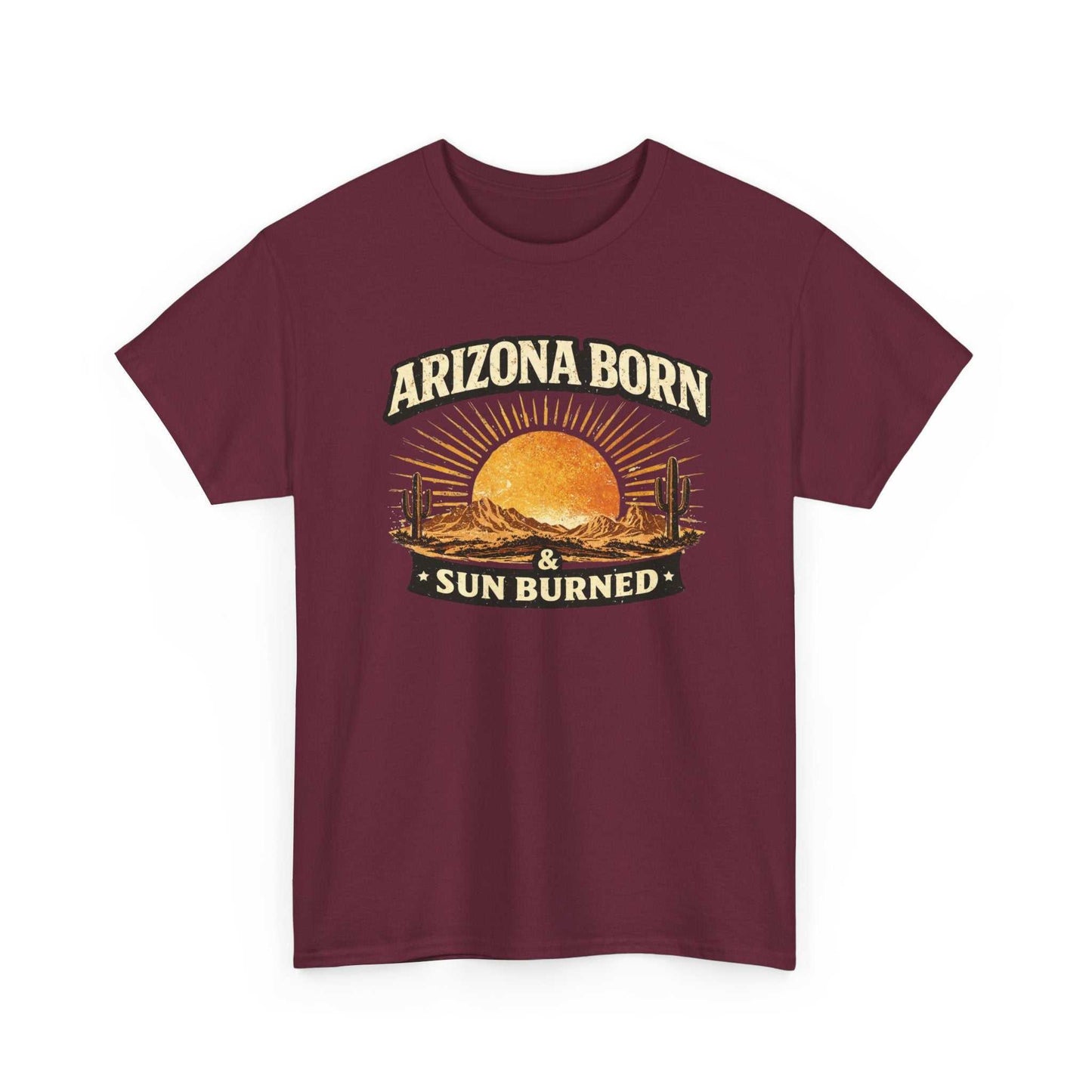 Arizona Born & Sun Burned T-Shirt by Big Sky Ranch Co. featuring a desert sunset graphic design.