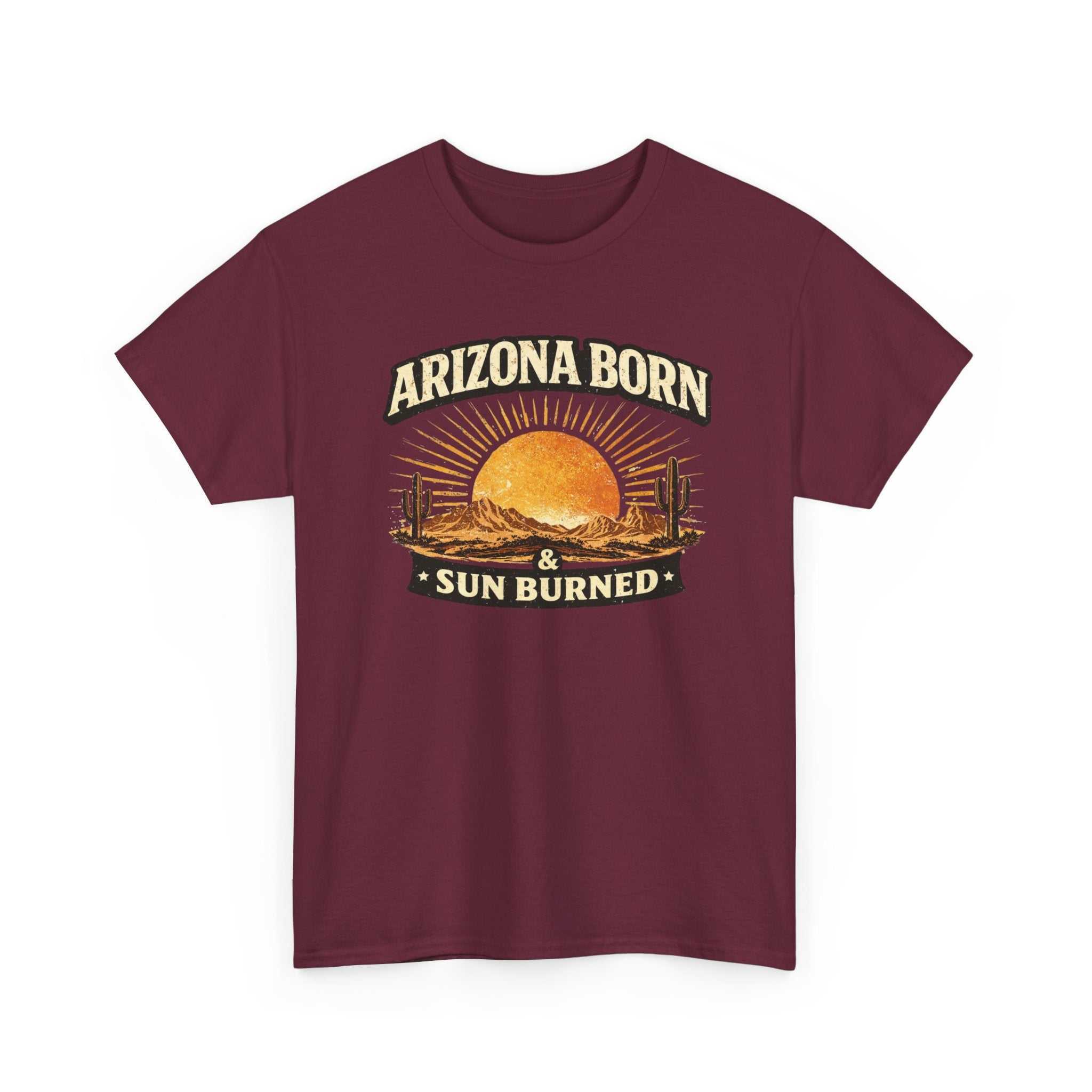 Arizona Born & Sun Burned T-Shirt by Big Sky Ranch Co. featuring a desert sunset graphic design.