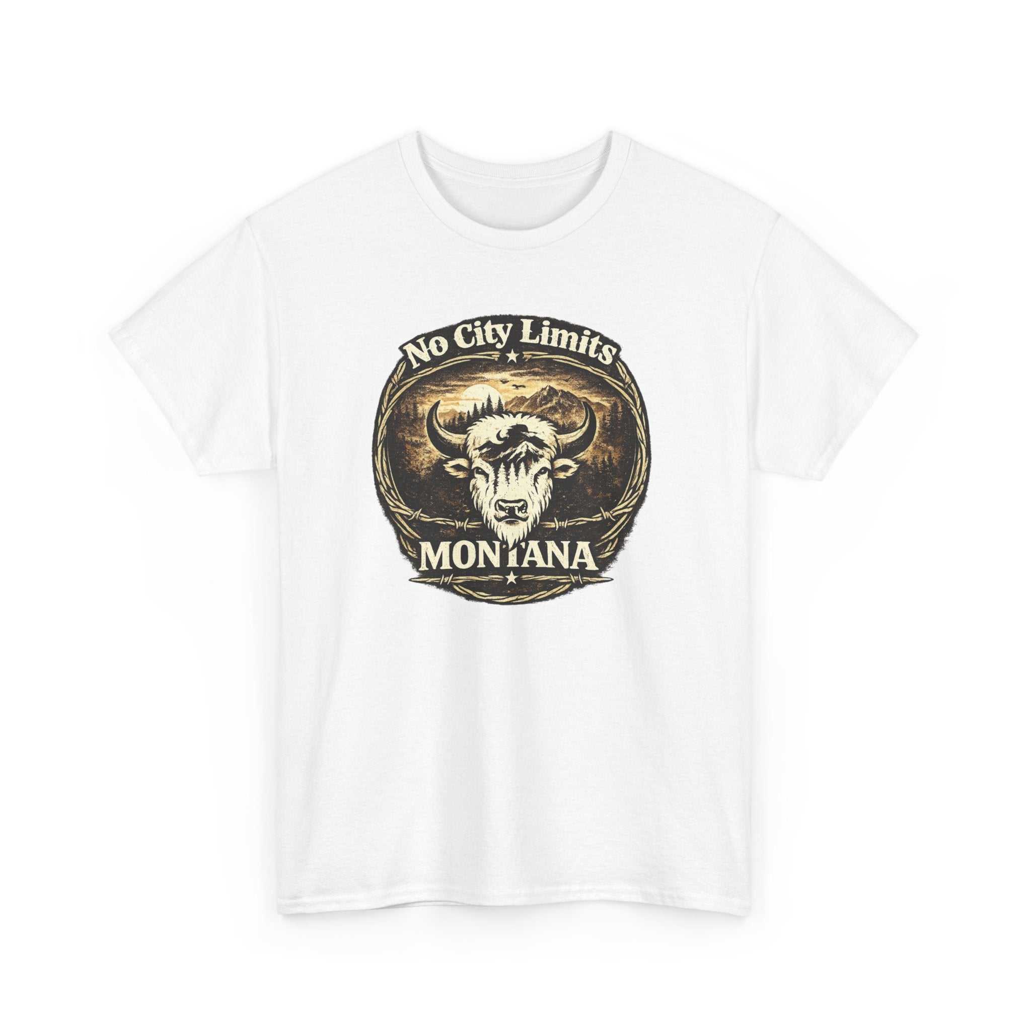 Big Sky Ranch Co. Montana Bison Tee featuring "No City Limits" vintage Western T-shirt with bison graphic and rugged style.