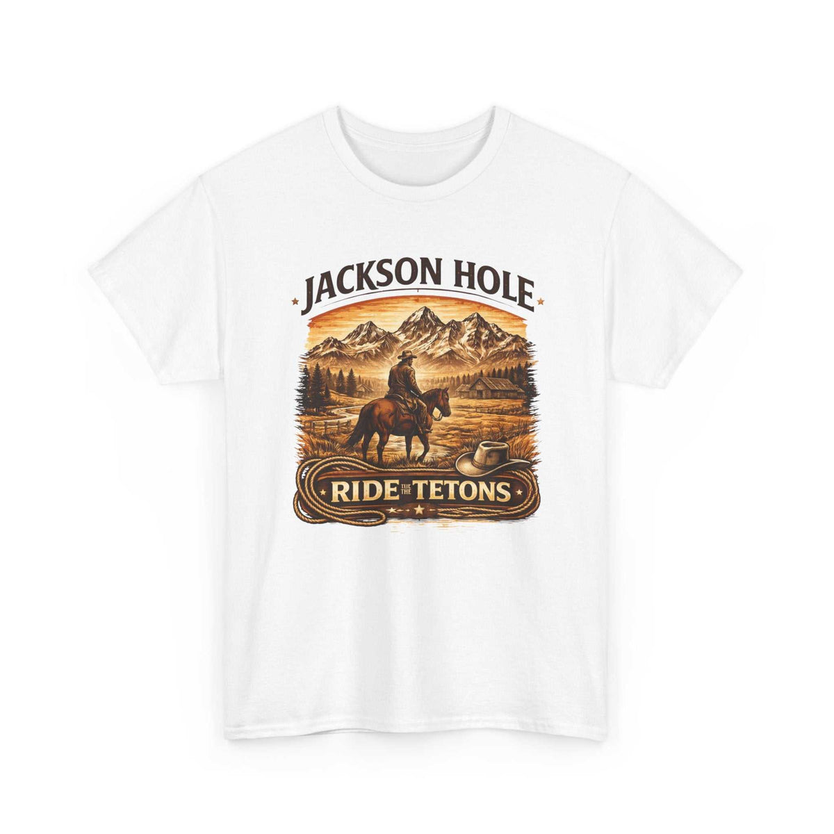 Big Sky Ranch Co. Jackson Hole Ride Tetons T-Shirt featuring a mountain landscape and Teton Range graphic on a casual cotton tee.