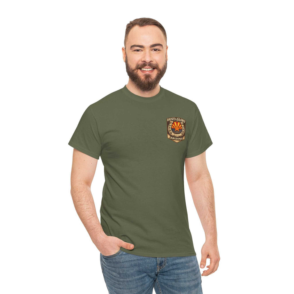 Arizona Desert Bighorn Ram T-Shirt by Big Sky Ranch Co., featuring a retro state badge design with a detailed bighorn ram graphic.